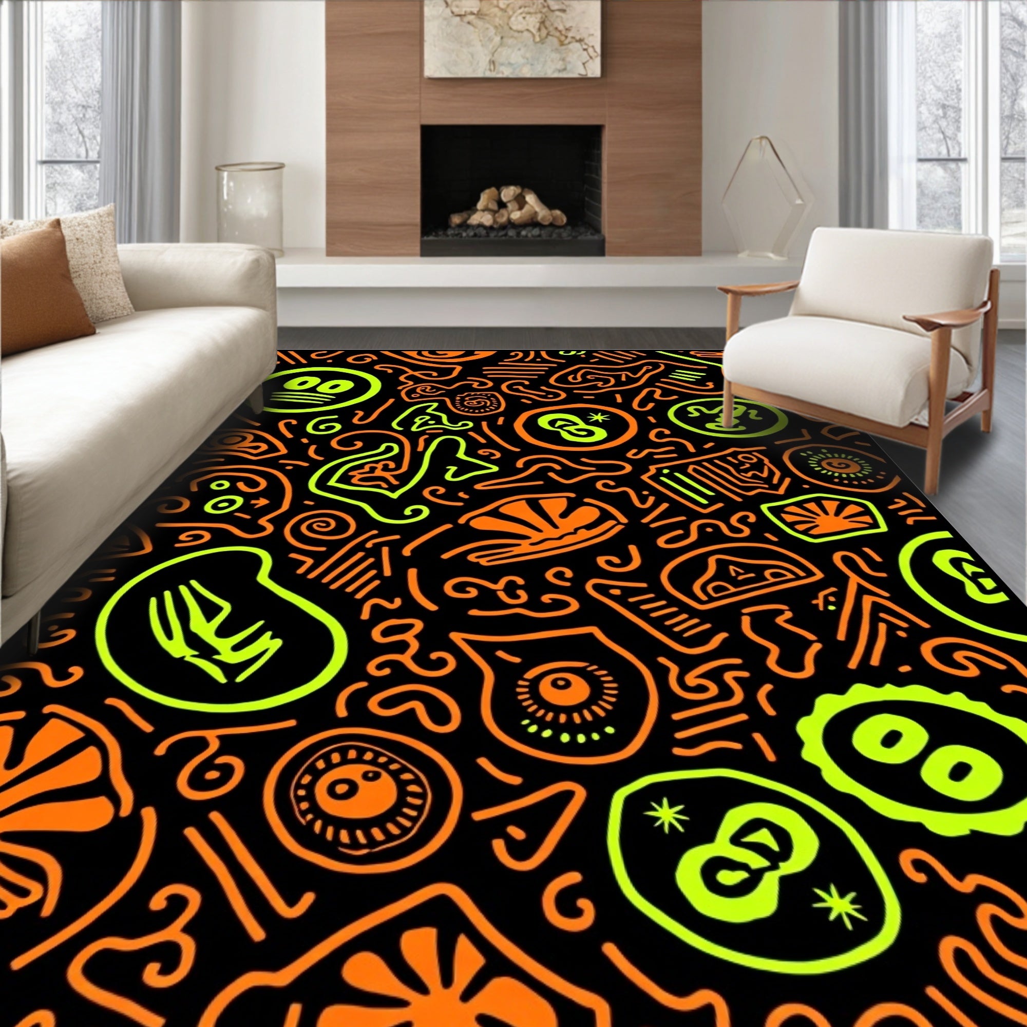 Neon Orange Lime Abstract Doodle Rug