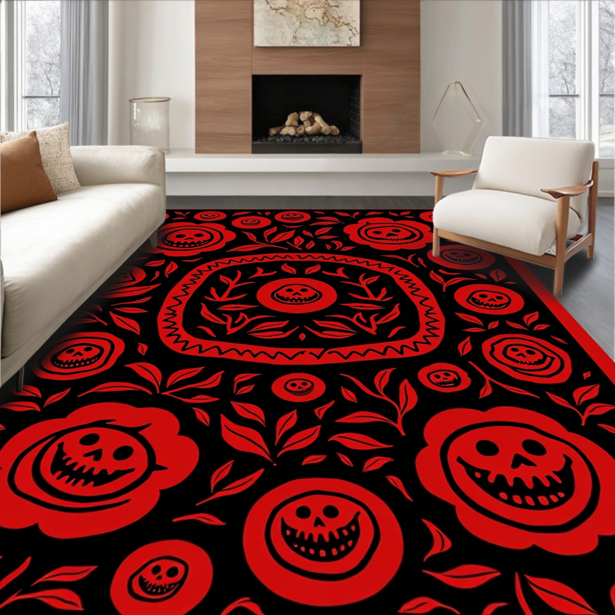 Red Skull Flower Garden Rug