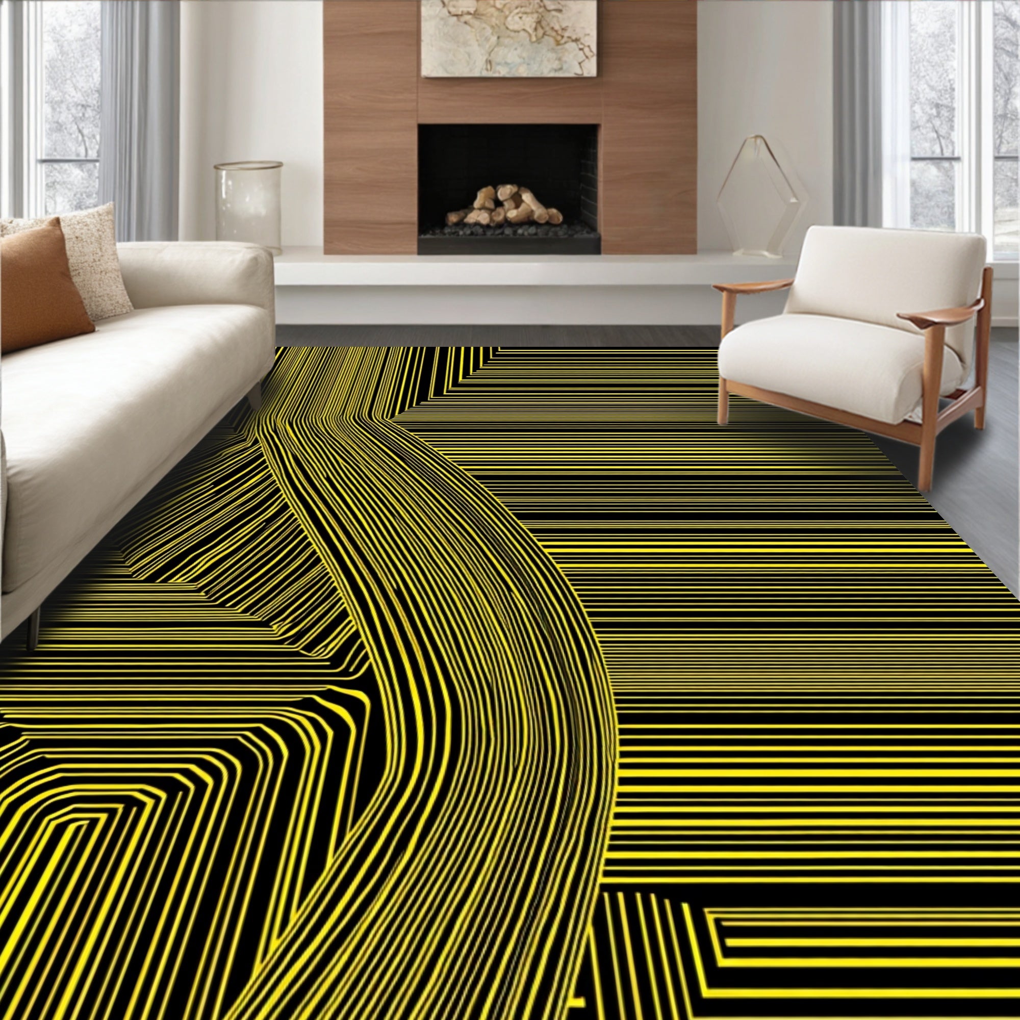 Bold Yellow Linear Geometric Rug