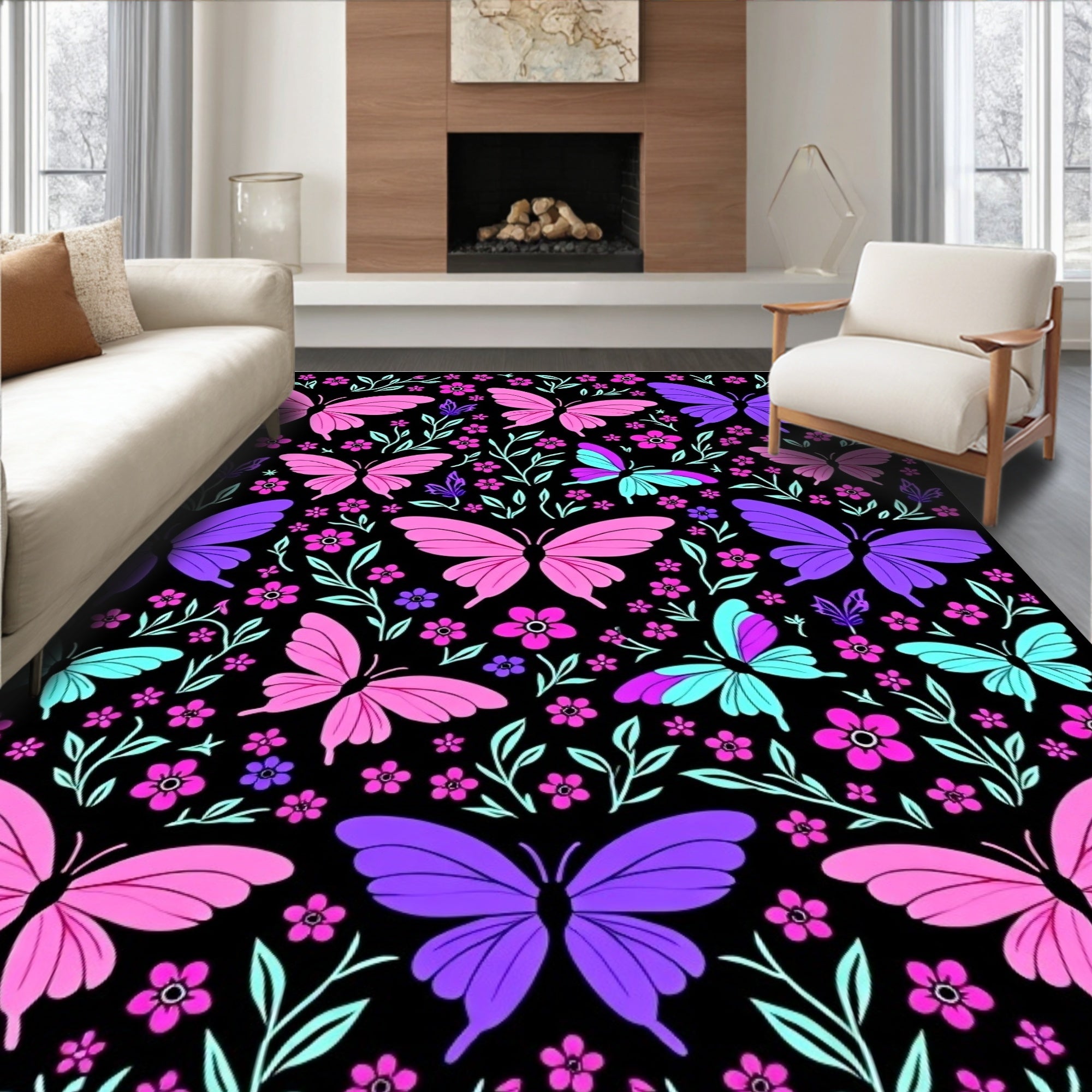 Vibrant Pink Purple Butterfly Garden Rug