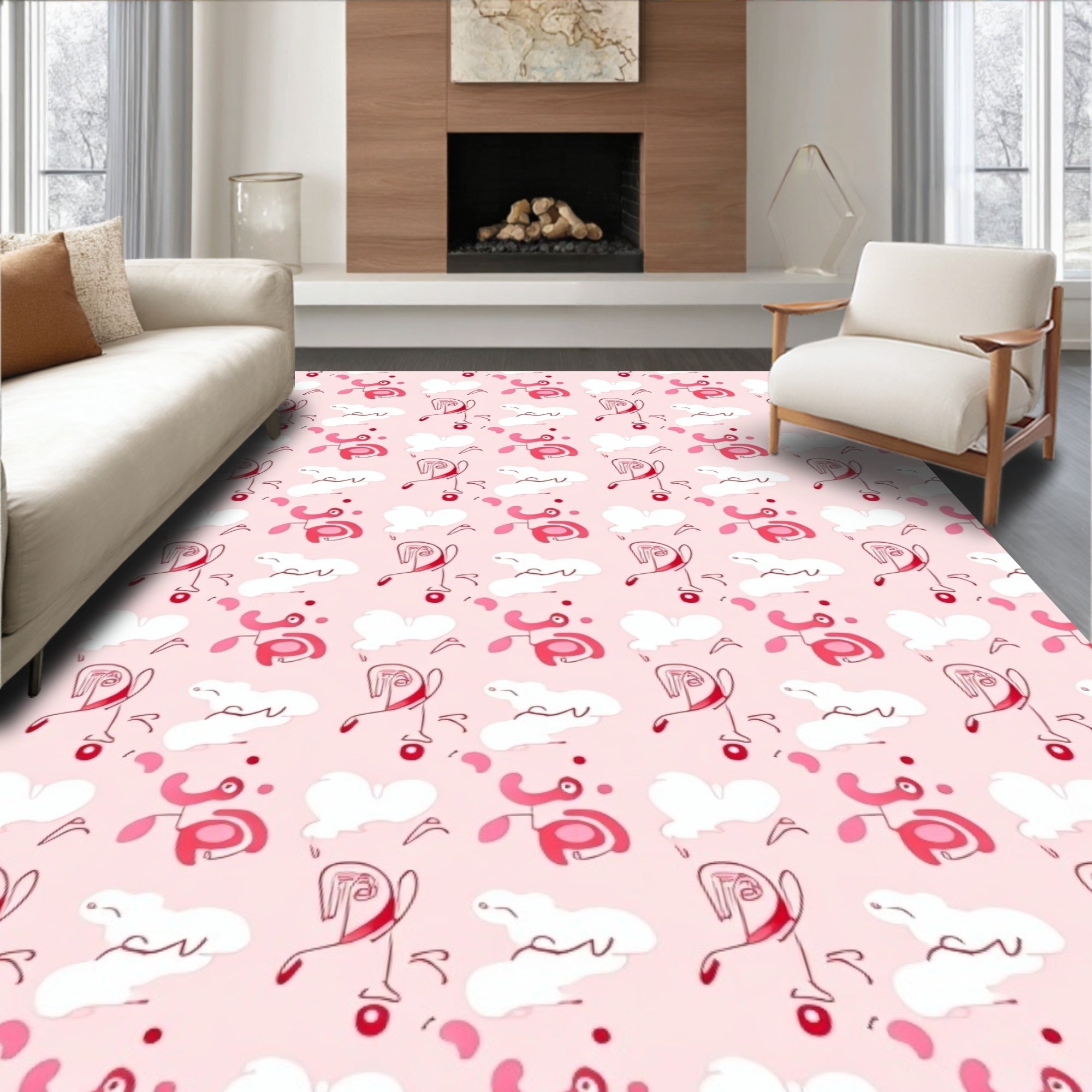 Pink Contemporary Abstract Line Drawing Faces Rug