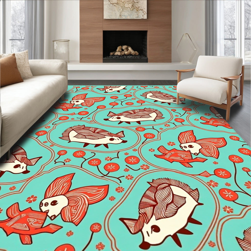Aqua Hedgehog Fish Floral Whimsical Rug