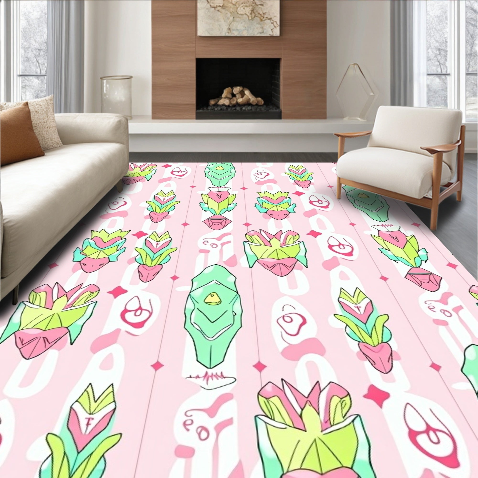 Pastel Mint Green Pink Totem Rug