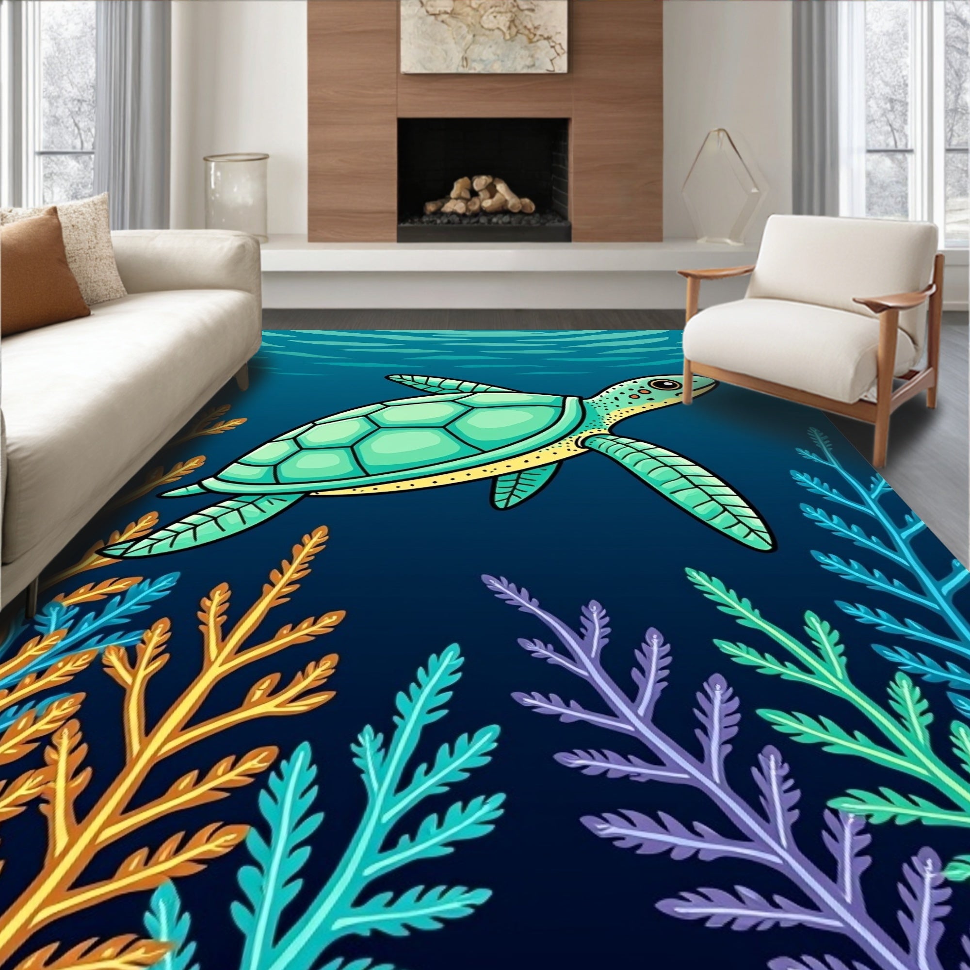 Oceanic Sea Creature Turtle Coral Rug