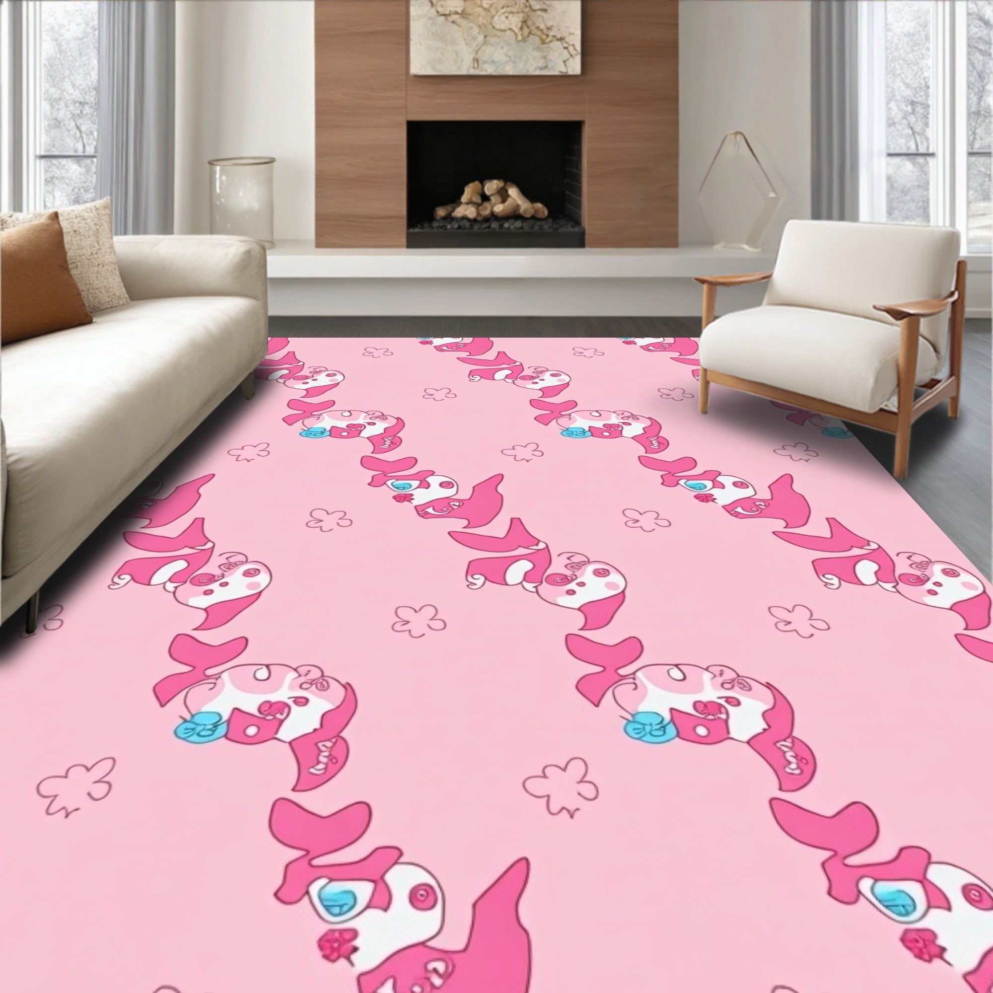 Sweet Pink Kawaii Fish Floral Rug