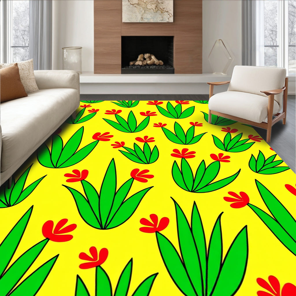 Bright Yellow Red Flower Meadow Rug