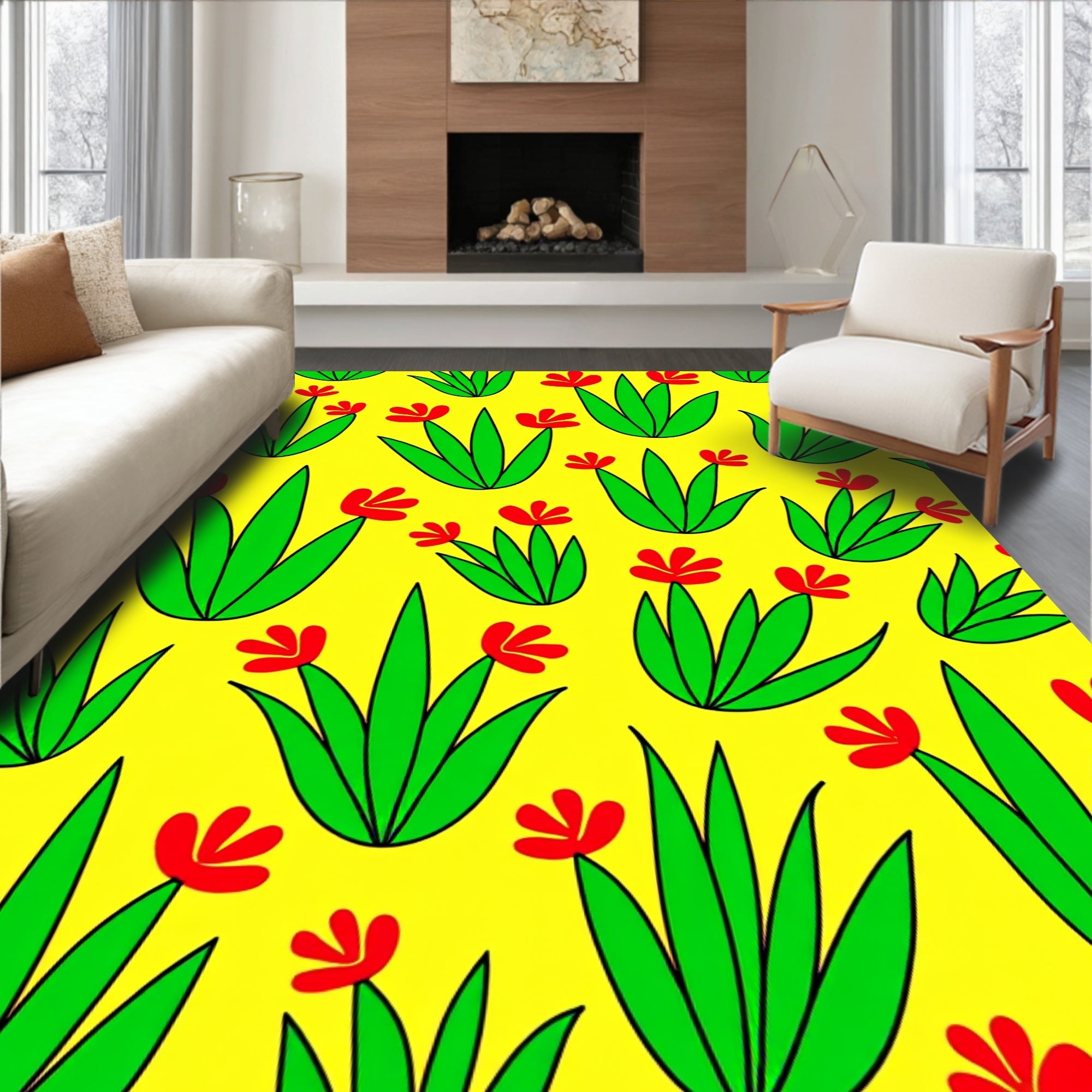 Bright Yellow Red Flower Meadow Rug