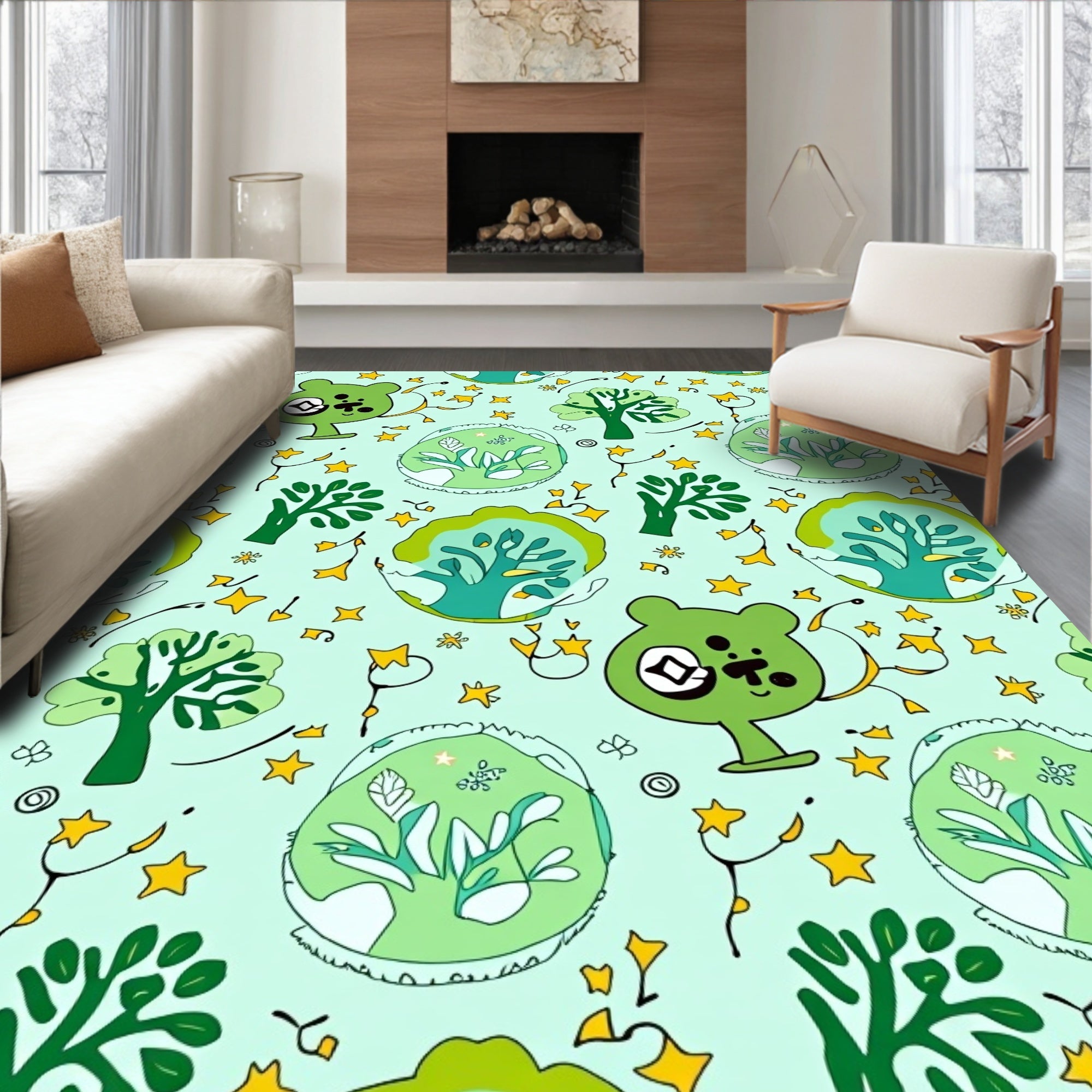 Whimsical Green Nature Bear Trees Stars Rug