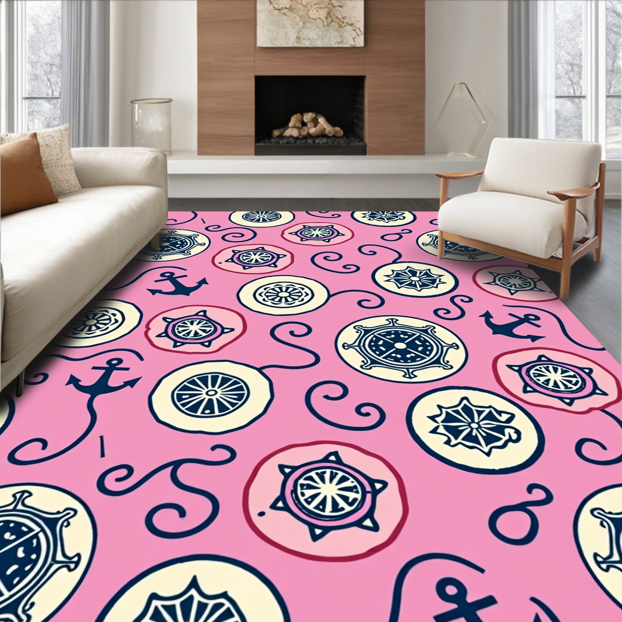 Nautical Pink Ships Wheel Anchor Swirl Rug