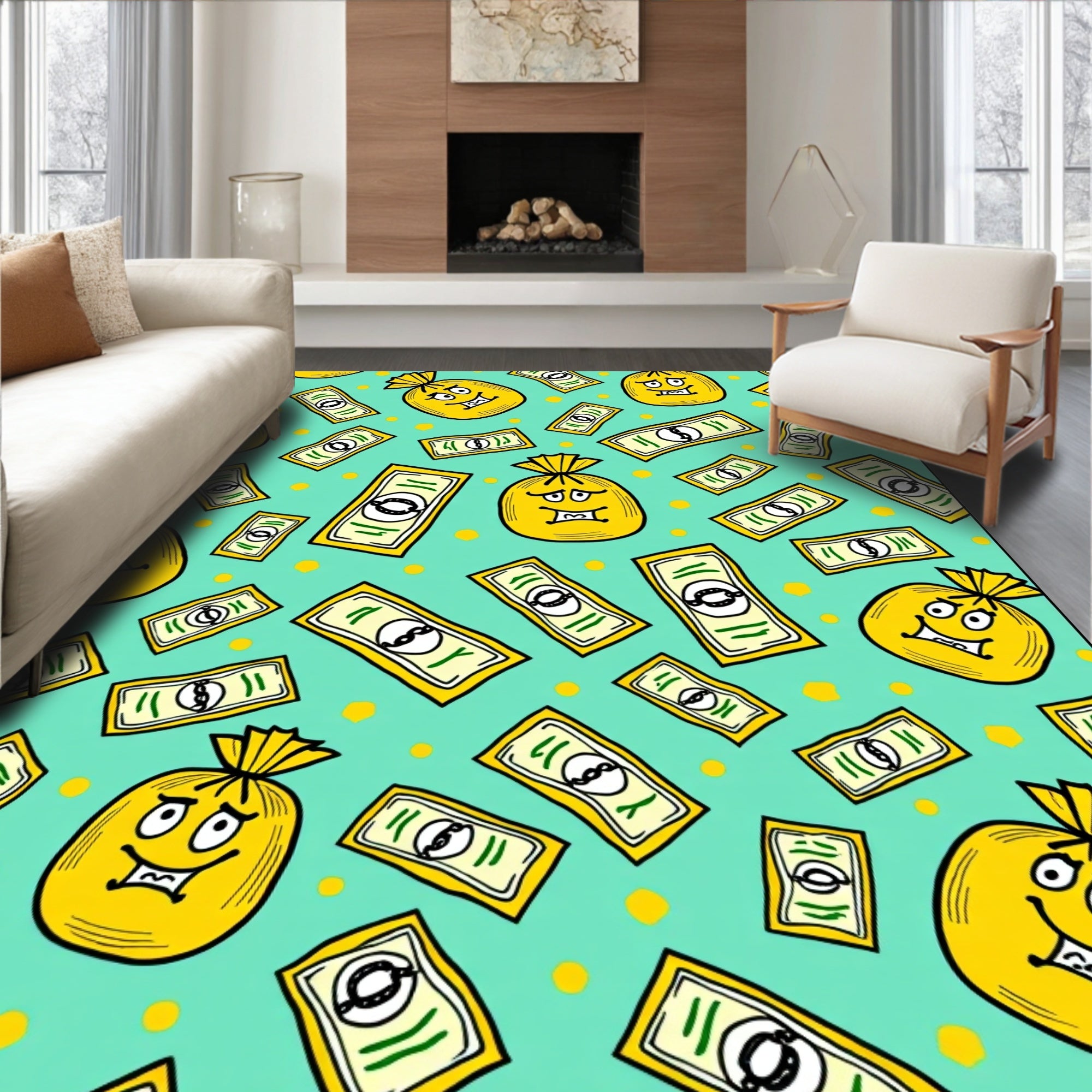Yellow Money Bags and Bills All-Over Rug