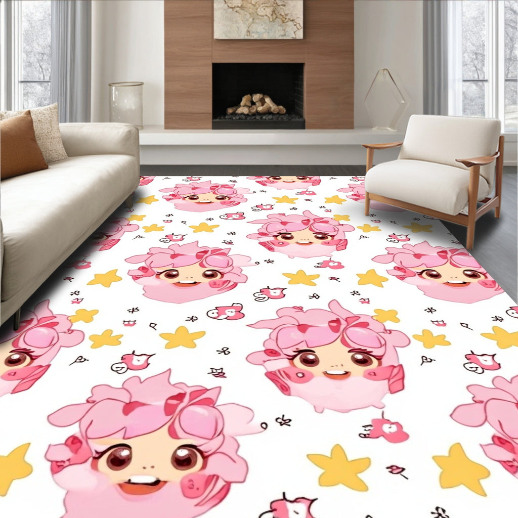 Pink Kawaii Character Starry Repeat Rug