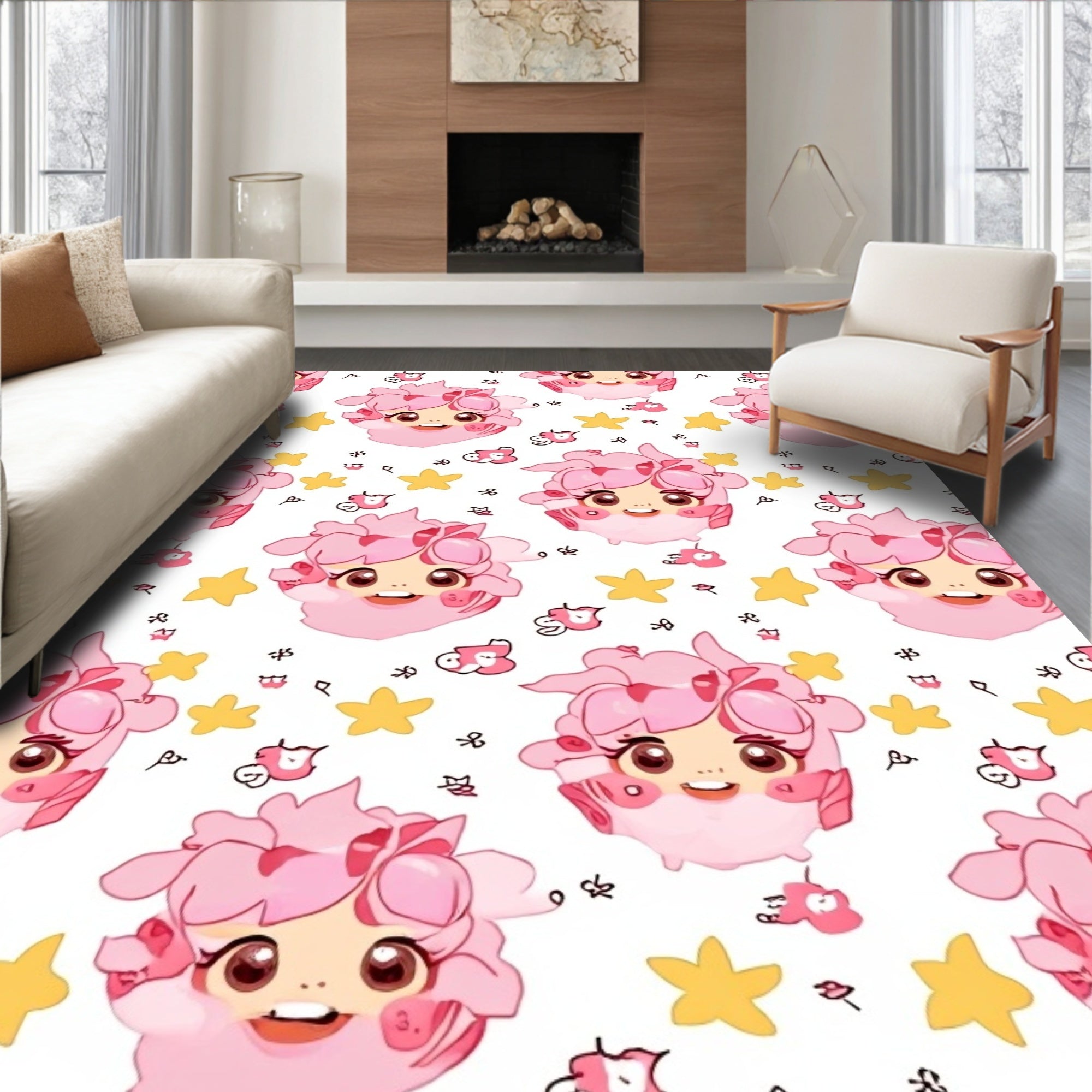 Pink Kawaii Character Starry Repeat Rug