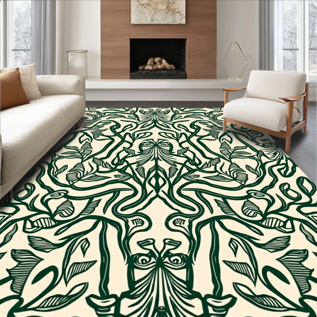 Deep Green Art Nouveau Botanical Vines Rug