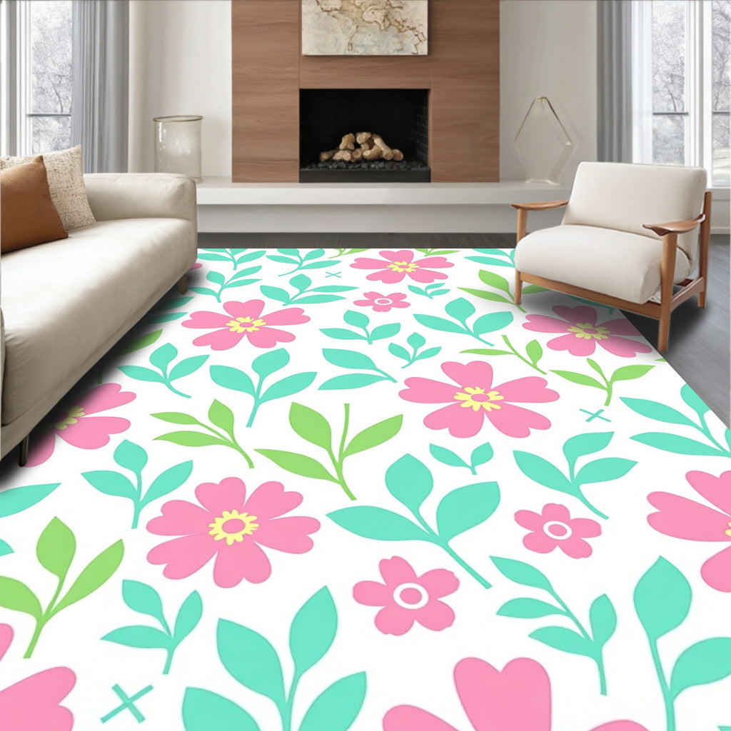 Whimsical Pink Flower Garden Rug