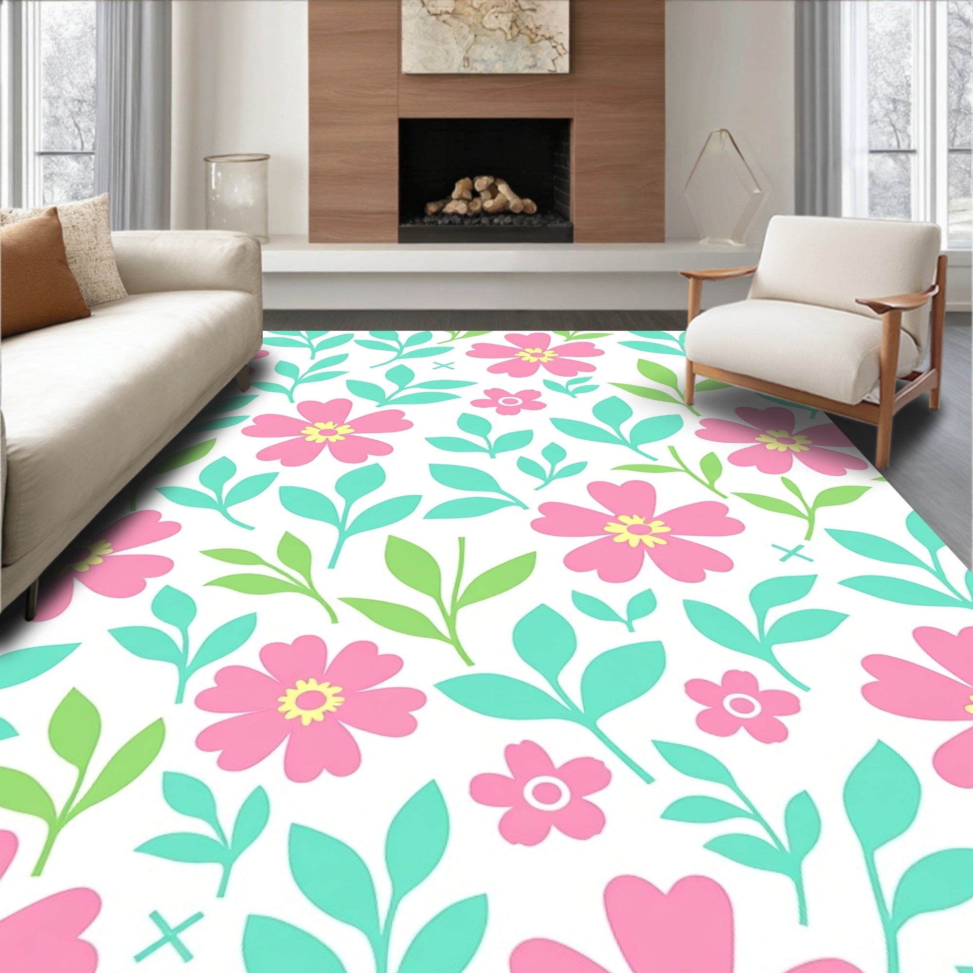 Whimsical Pink Flower Garden Rug
