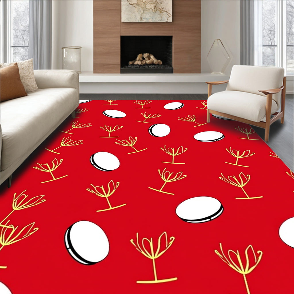 Crimson Yellow Outline Floral Circles Rug