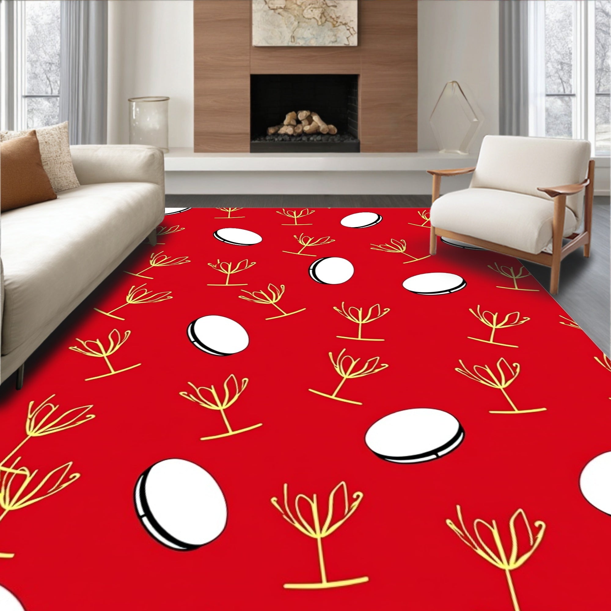 Crimson Yellow Outline Floral Circles Rug