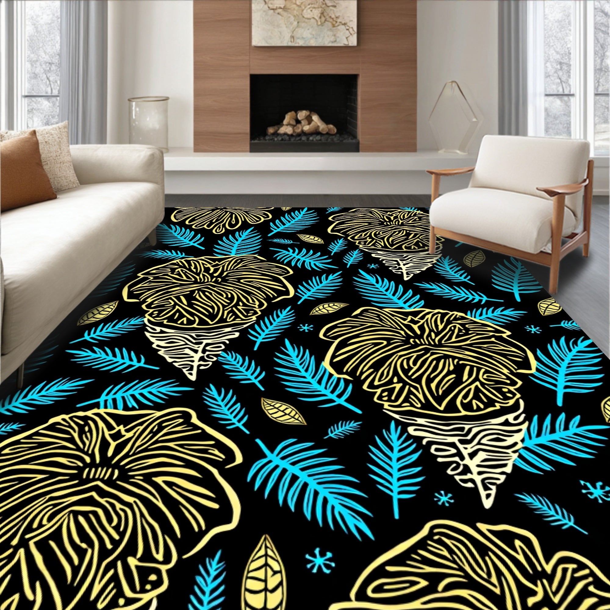Tropical Yellow Floral Turquoise Fern Black Rug