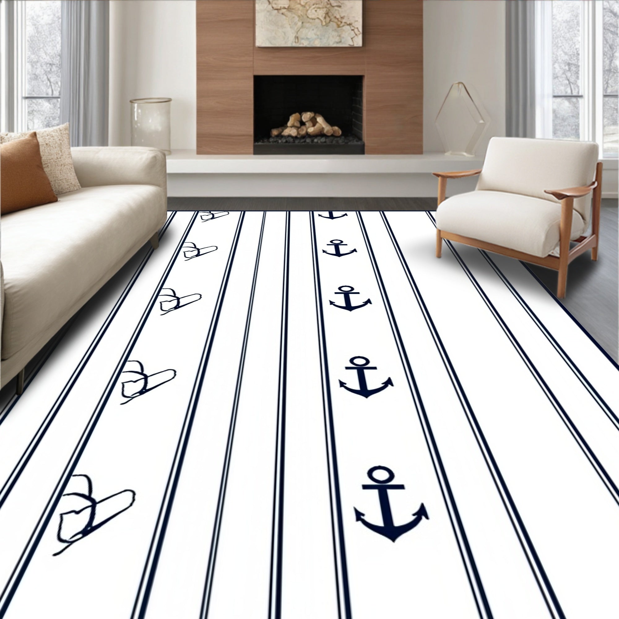 Nautical Navy Blue Anchor Stripe Rug