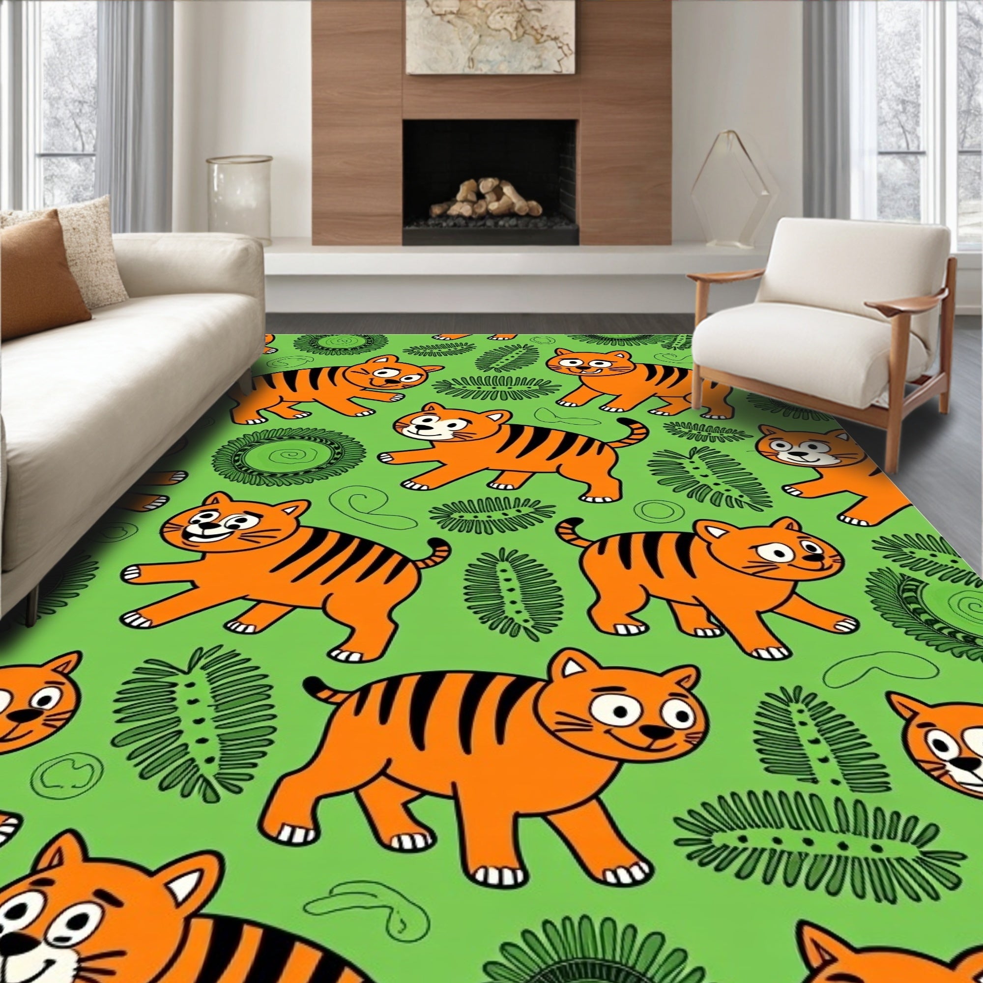 Orange Tiger Green Tropical Leaf Whimsical Rug