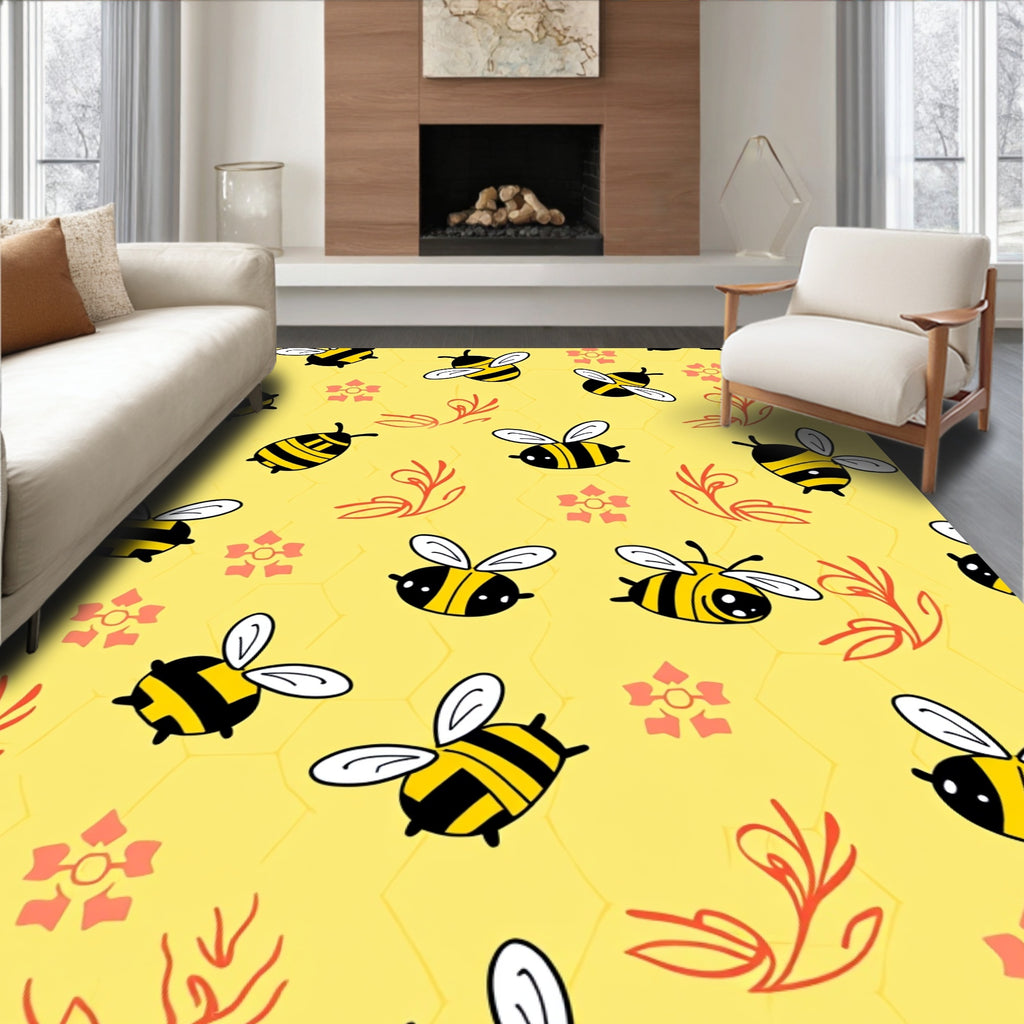 Cute Yellow Bee Honeycomb Floral Arrangement Rug