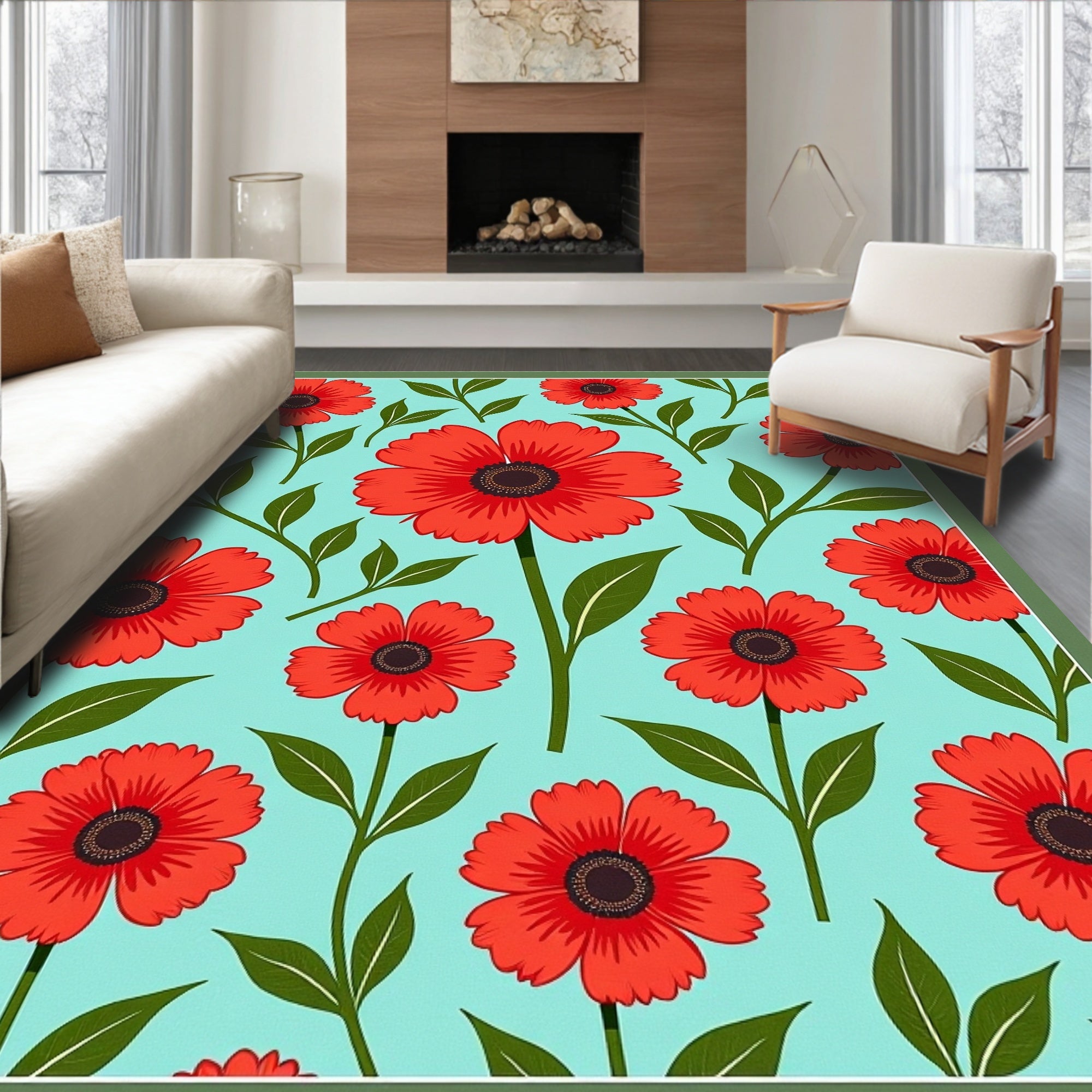 Bright Red Poppy Garden Area Rug