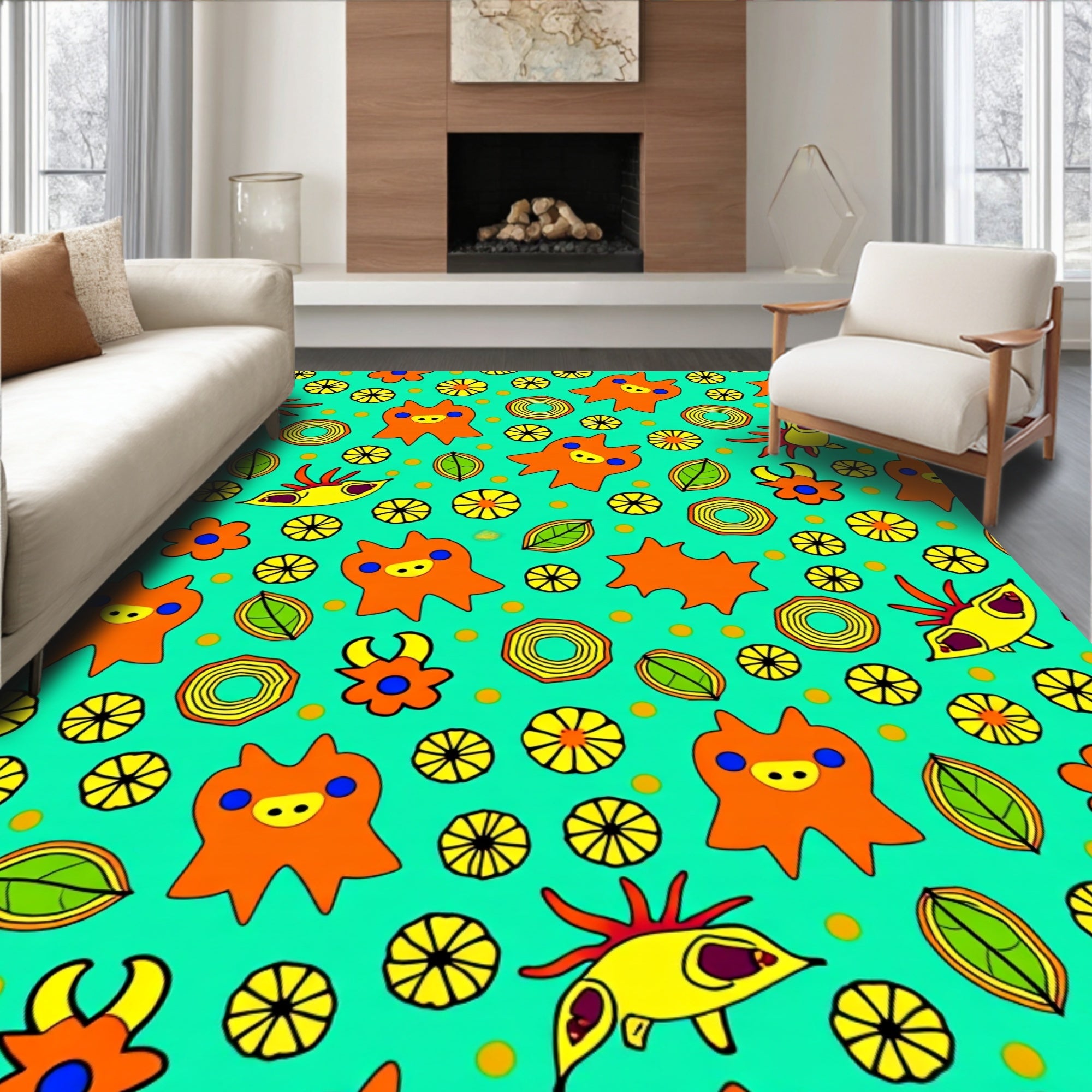 Playful Orange Creatures Floral Medley Rug