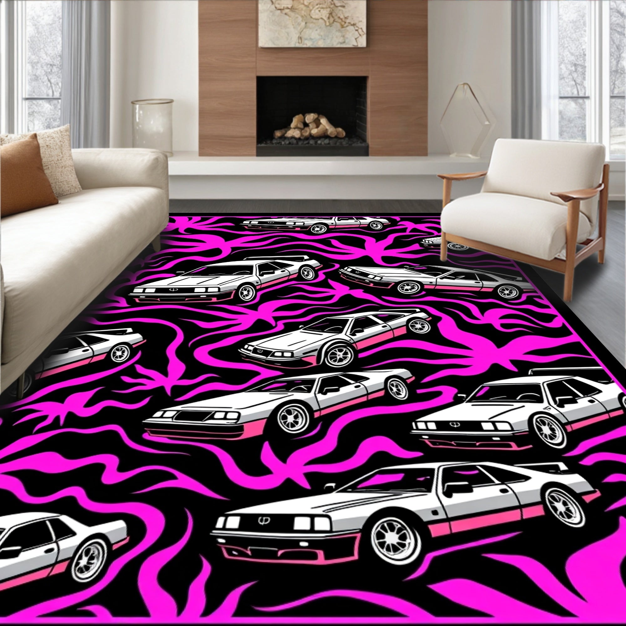 Retro White Cars Pink Swirls Rug