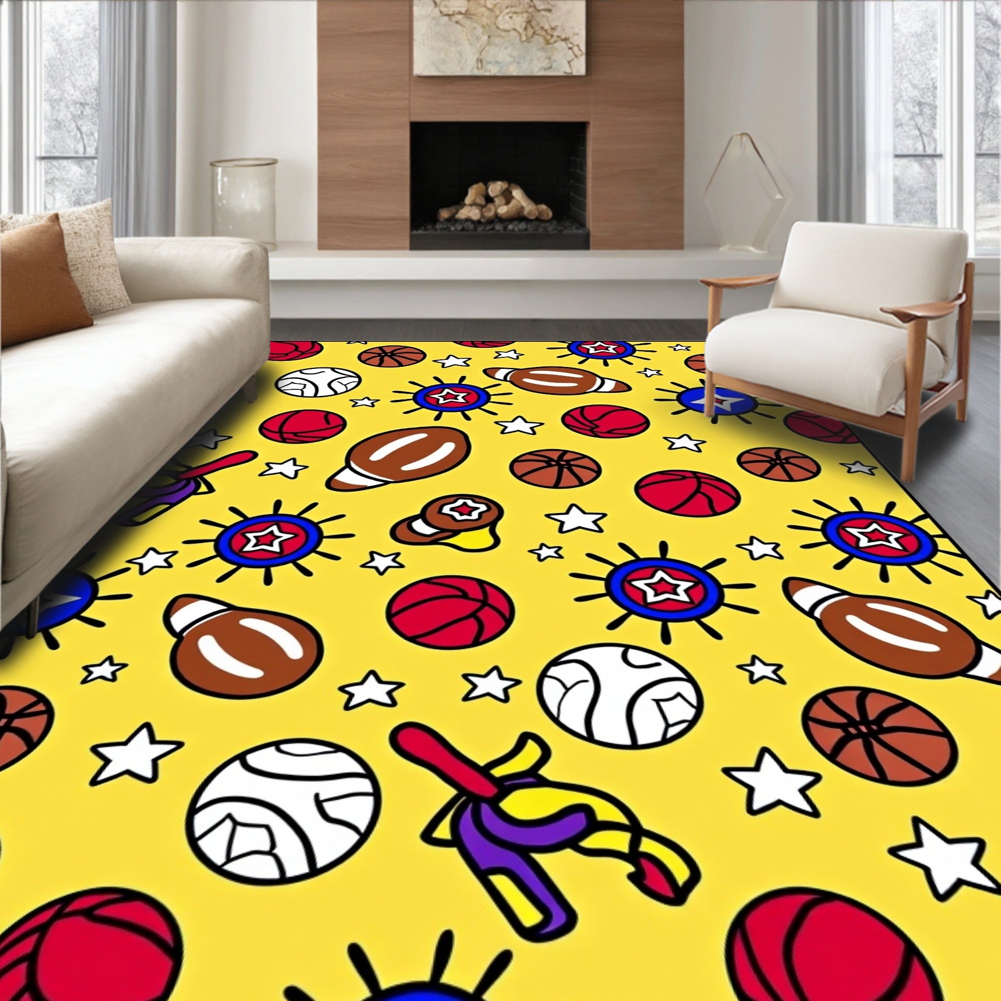 Whimsical Yellow Sports Ball Collection Rug