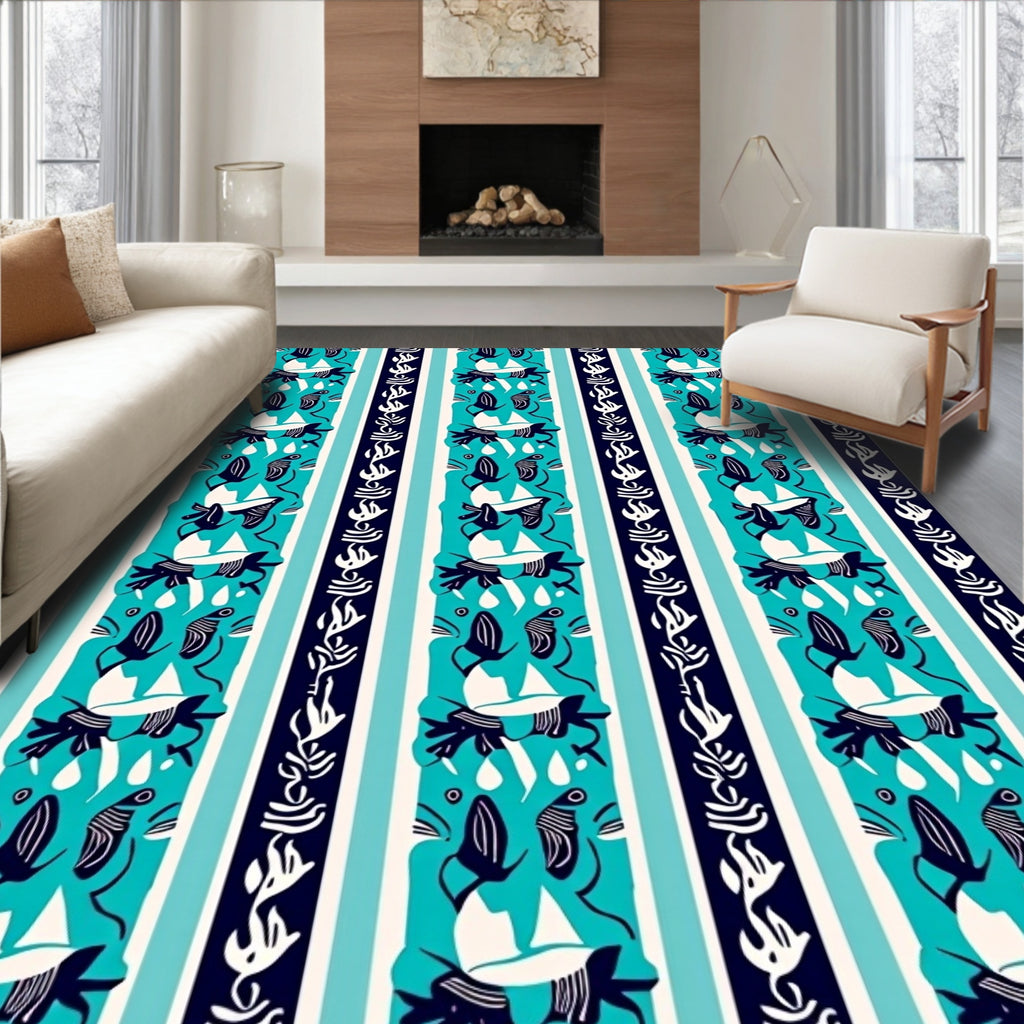 Turquoise Striped Abstract Organic Shapes Rug