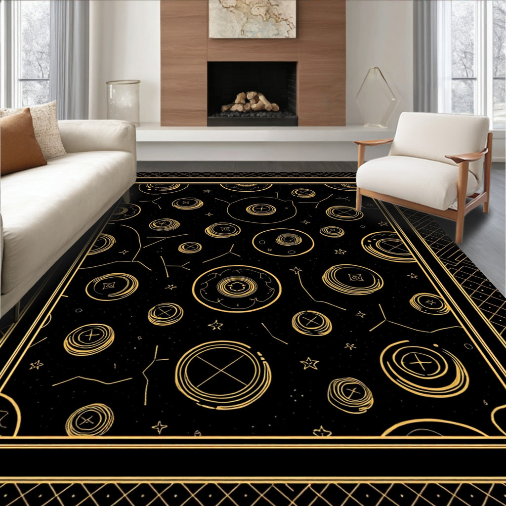 Golden Celestial Orbs Black Rug