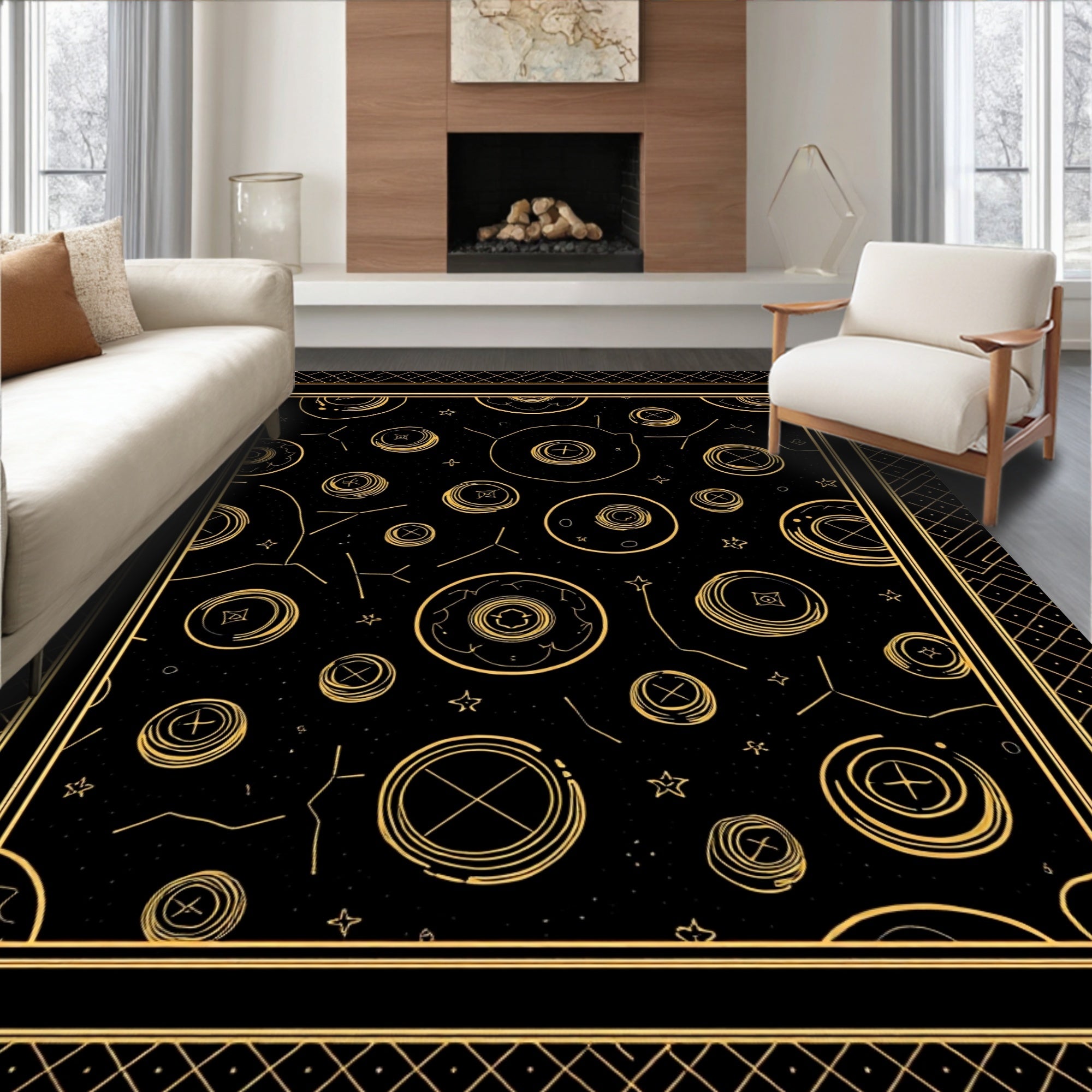 Golden Celestial Orbs Black Rug