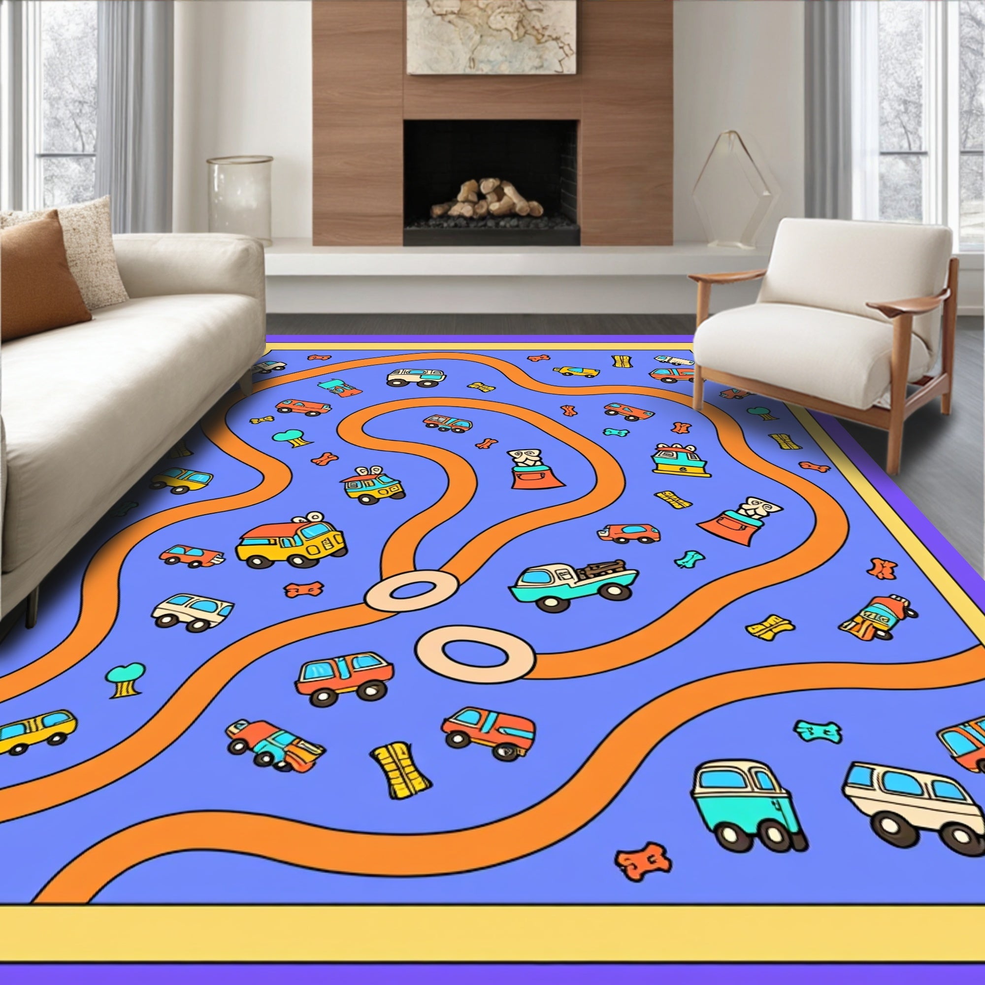 Kids Vehicles Orange Road Game Rug