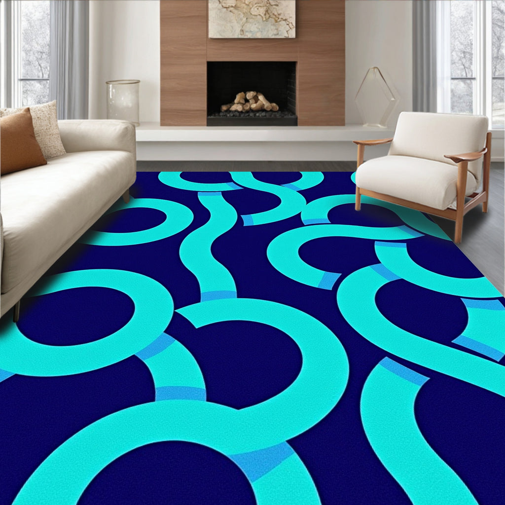 Vivid Aqua Swirl Modern Geometric Rug