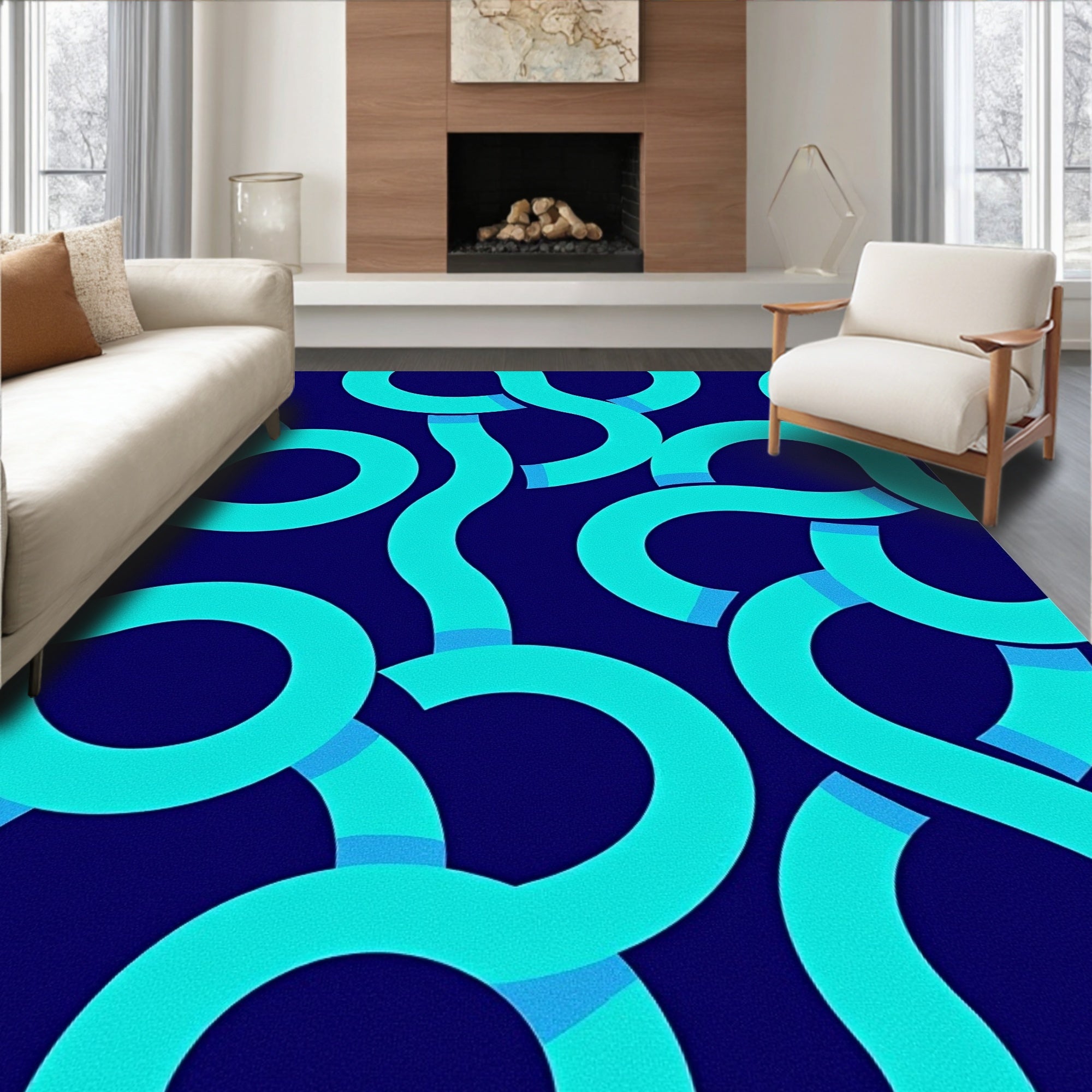 Vivid Aqua Swirl Modern Geometric Rug