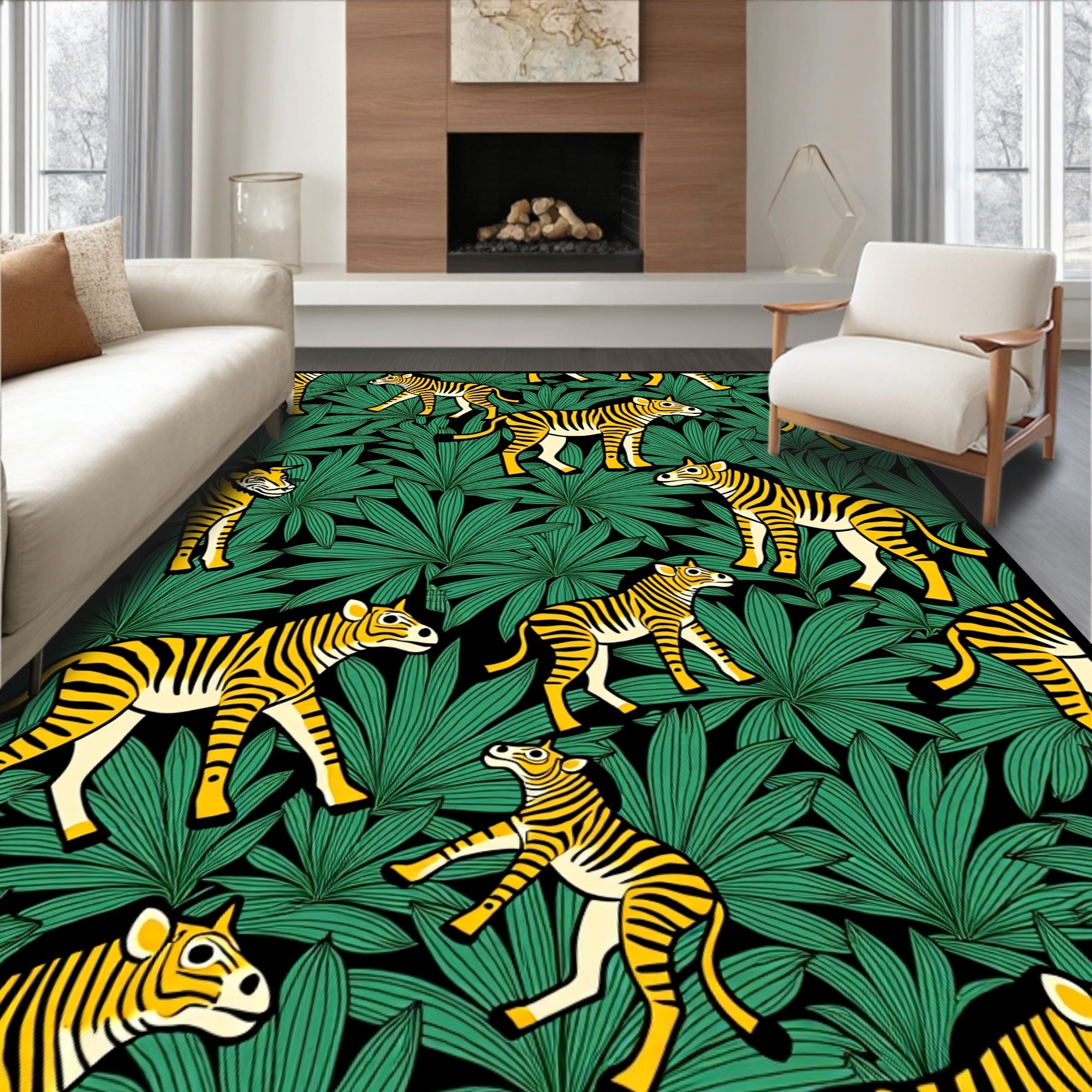 Yellow Zebra Tropical Leaf Jungle Rug