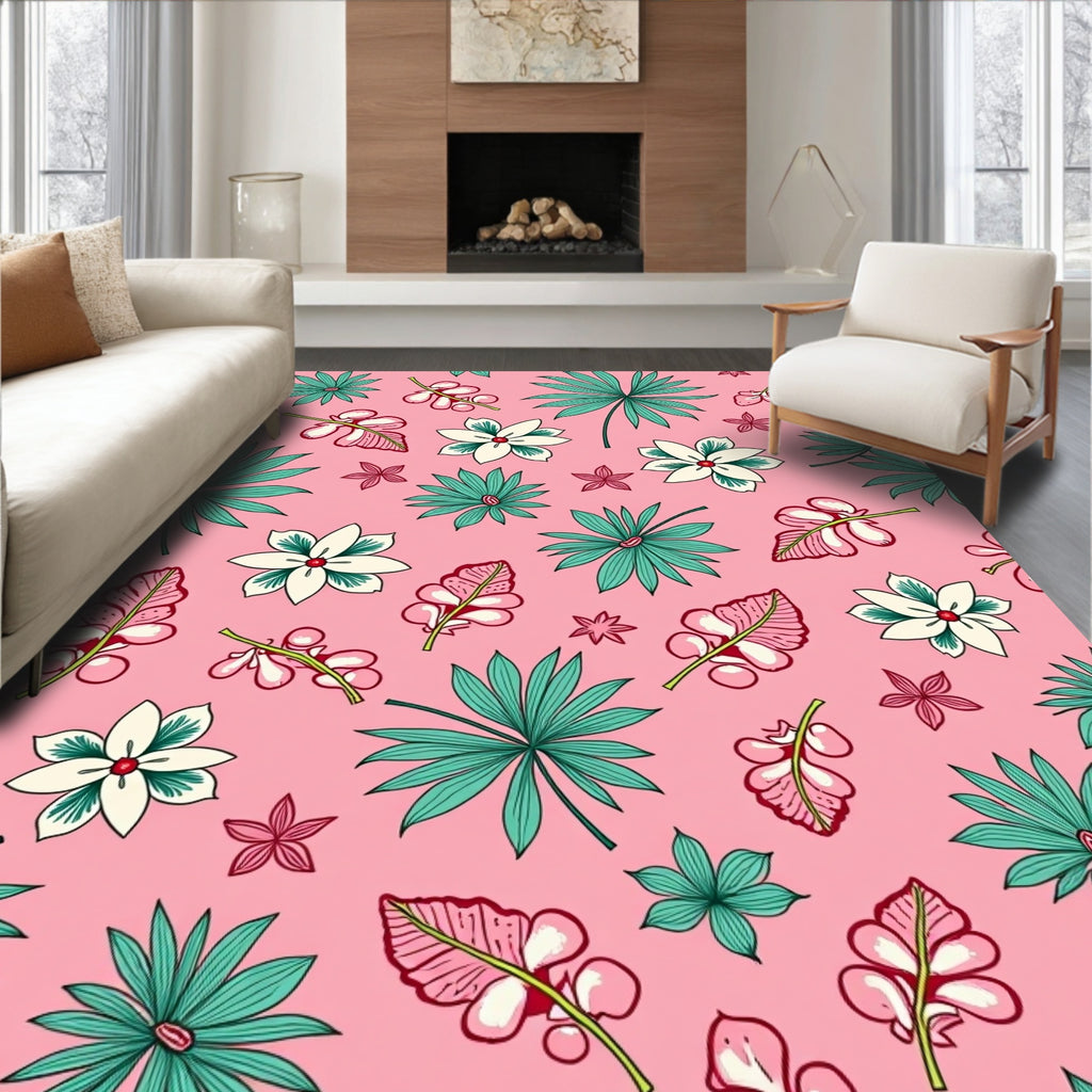 Pink Tropical Floral Leaf Medley Rug