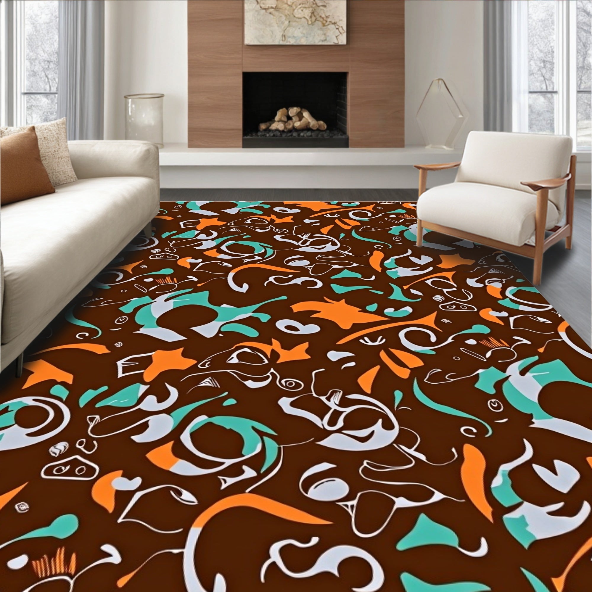 Abstract Teal Orange Whimsical Swirls Rug