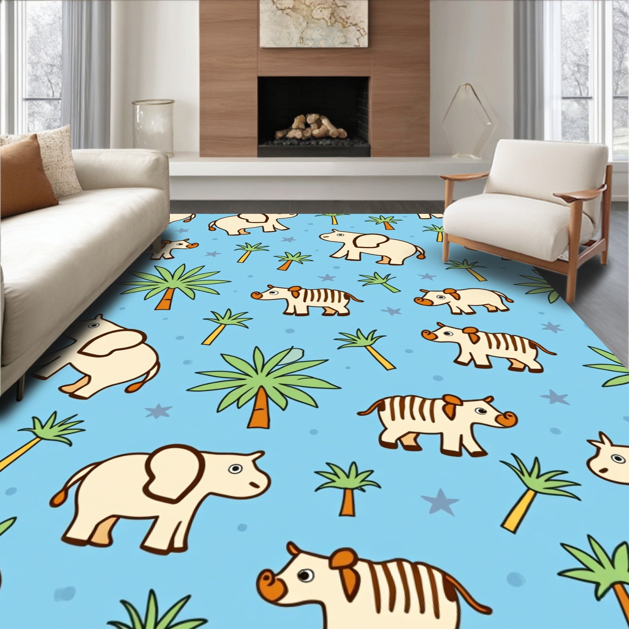 Cute Safari Animals Palm Trees Rug