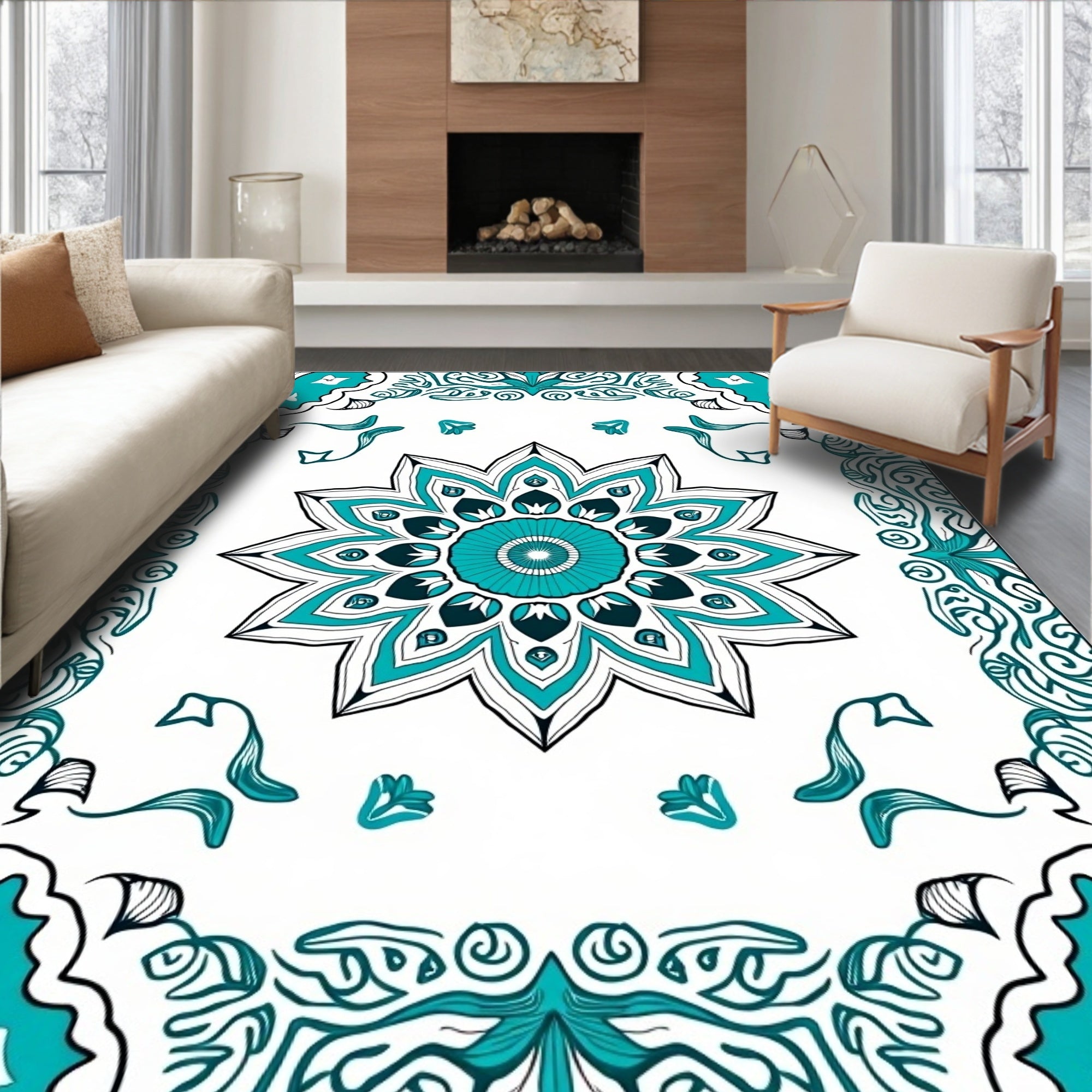 Teal Intricate Floral Star Medallion Rug