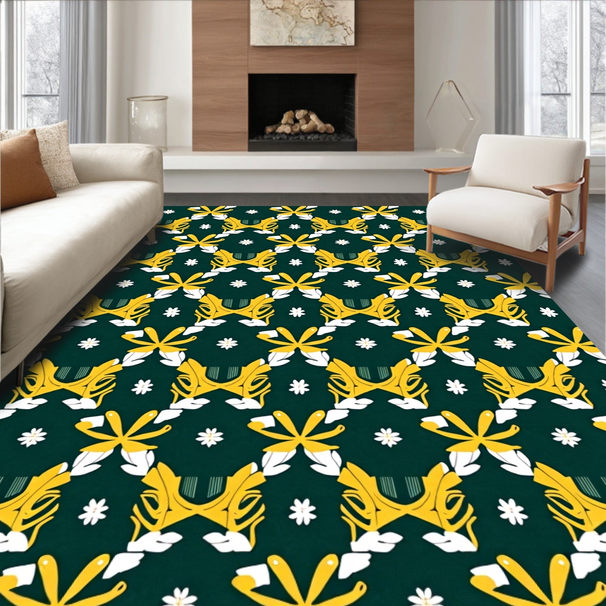 Emerald Yellow Floral Repeating Pattern Rug