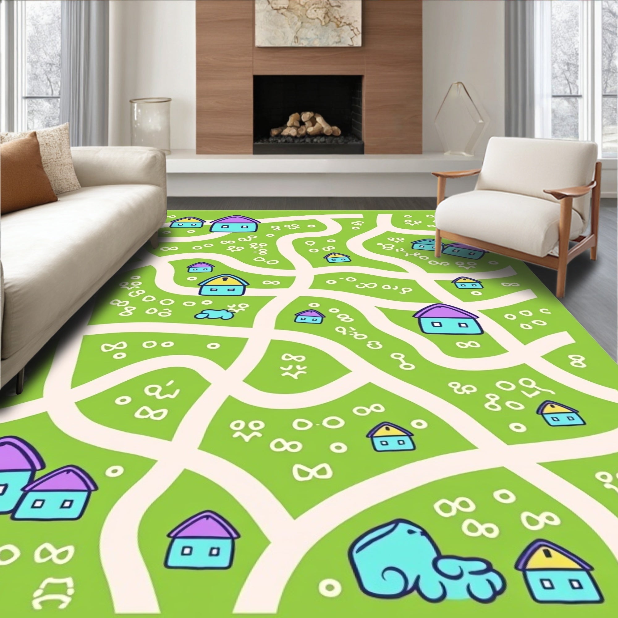 Whimsical Village Map Houses Rug