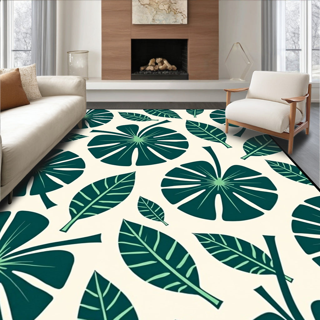 Deep Teal Tropical Leaf Arrangement Rug