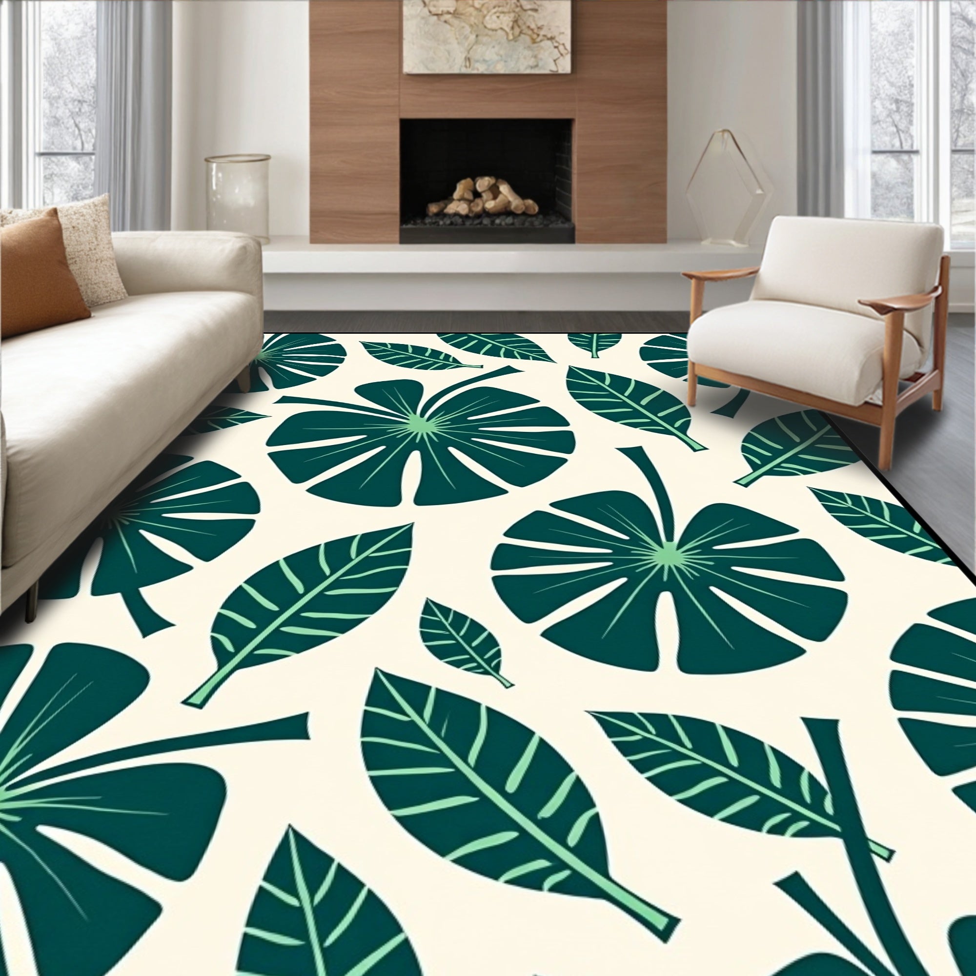 Deep Teal Tropical Leaf Arrangement Rug