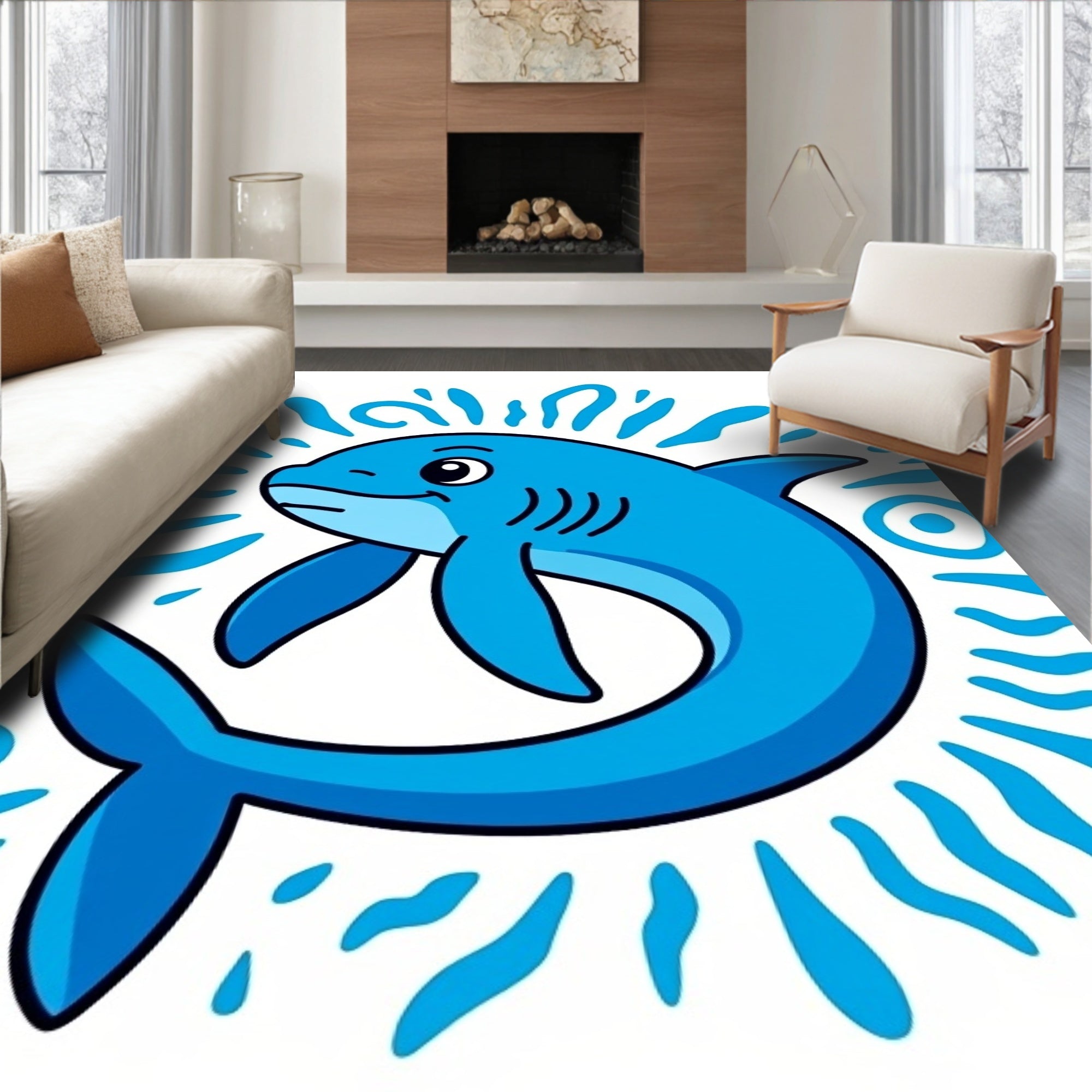 Whimsical Blue Shark Water Splash Rug