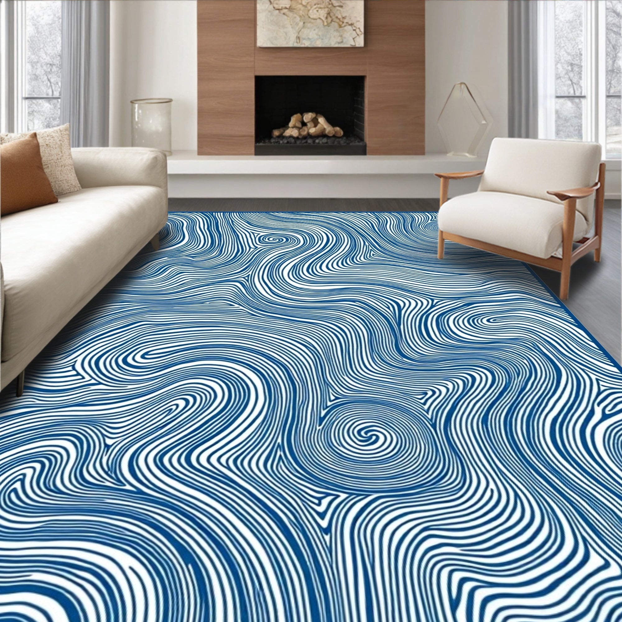 Deep Blue Swirling Ink Waves Rug