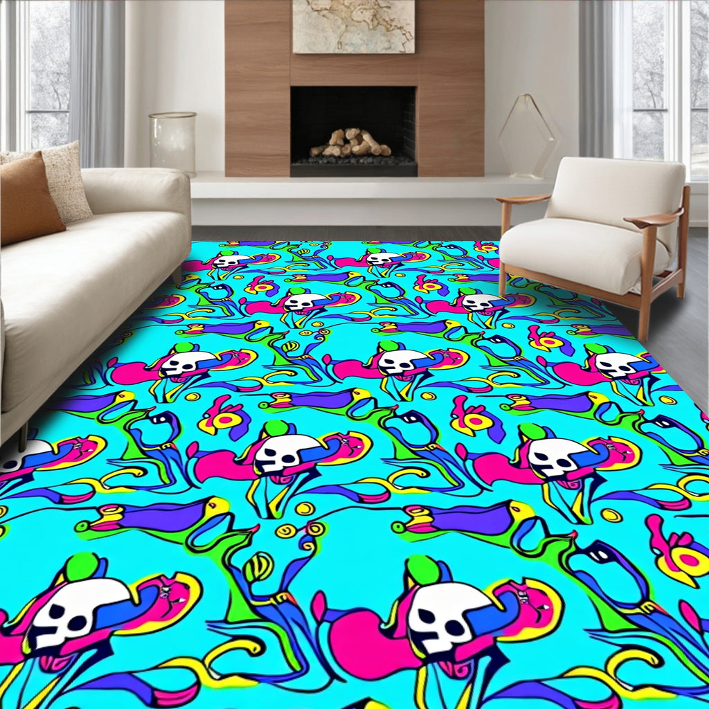 Psychedelic Skull Whimsical Flowing Vines Rug