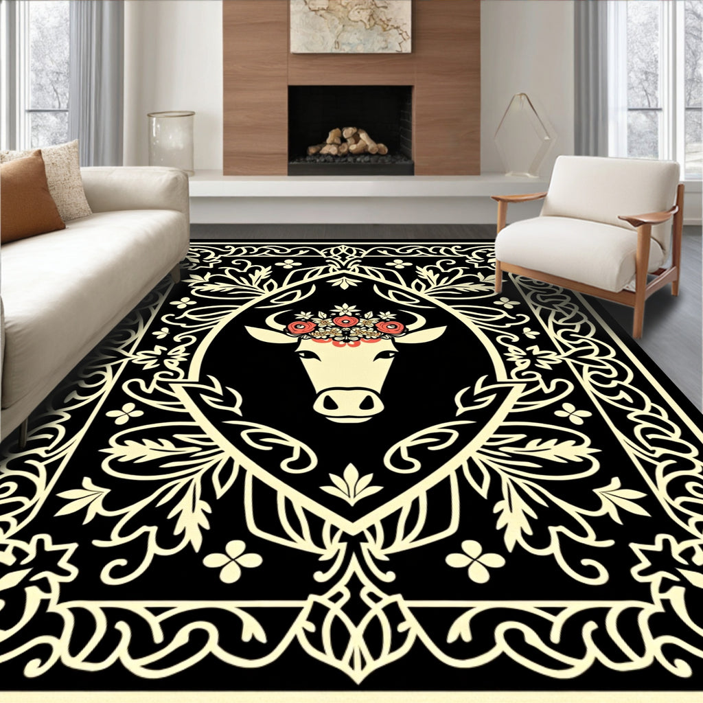 Cream Cow Floral Crown Black Border Rug