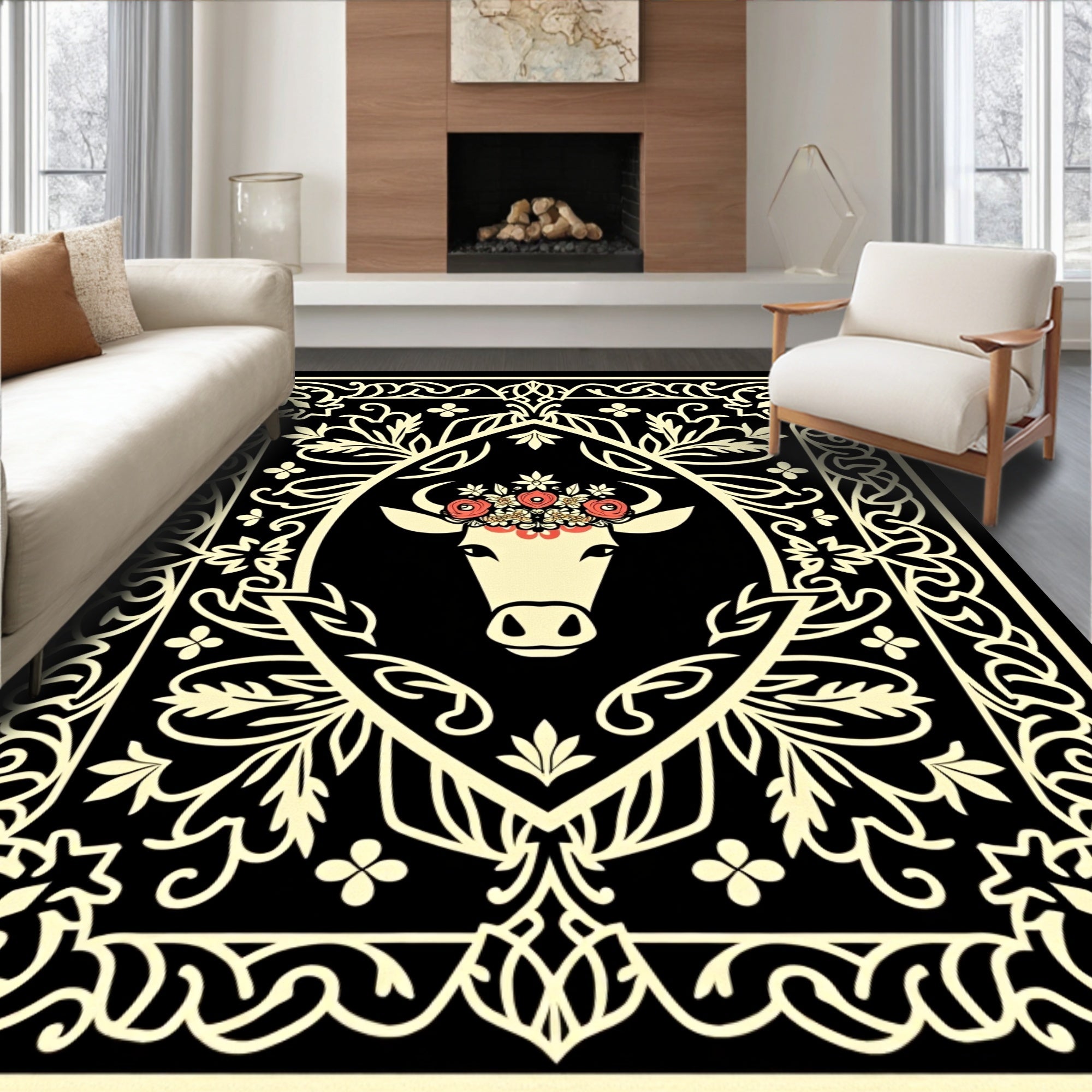 Cream Cow Floral Crown Black Border Rug