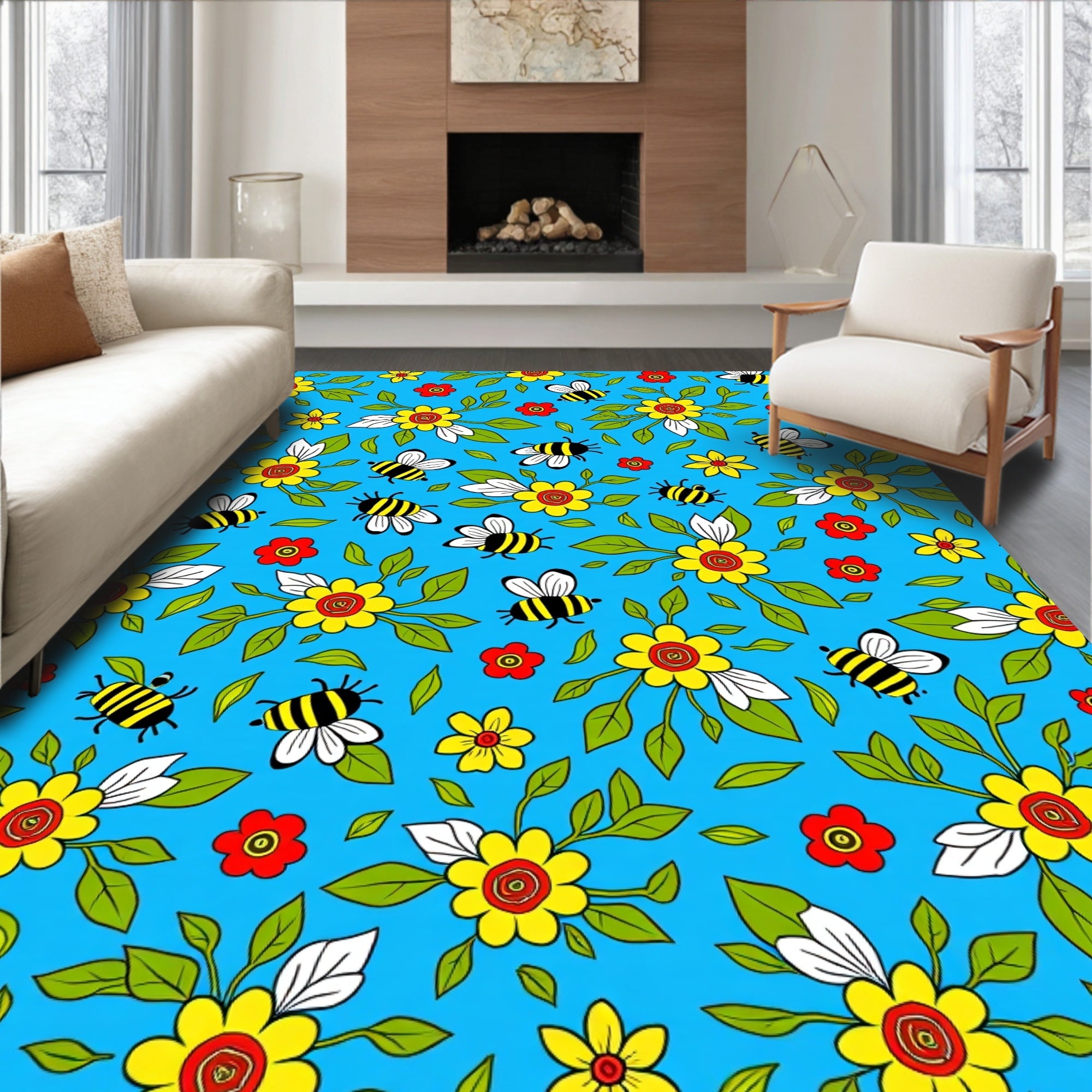 Whimsical Yellow Flower Bee Garden Rug
